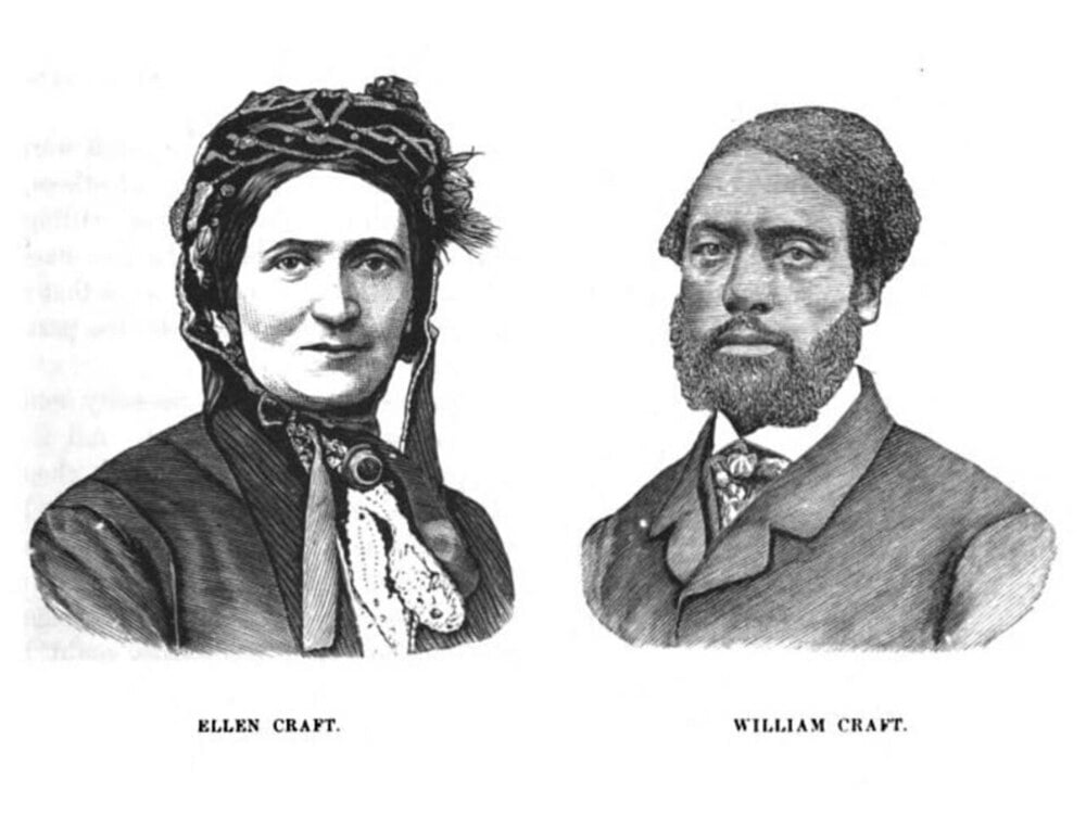 Portrait illustrations of Ellen Craft, wearing a bonnet, and William Craft, with a beard.