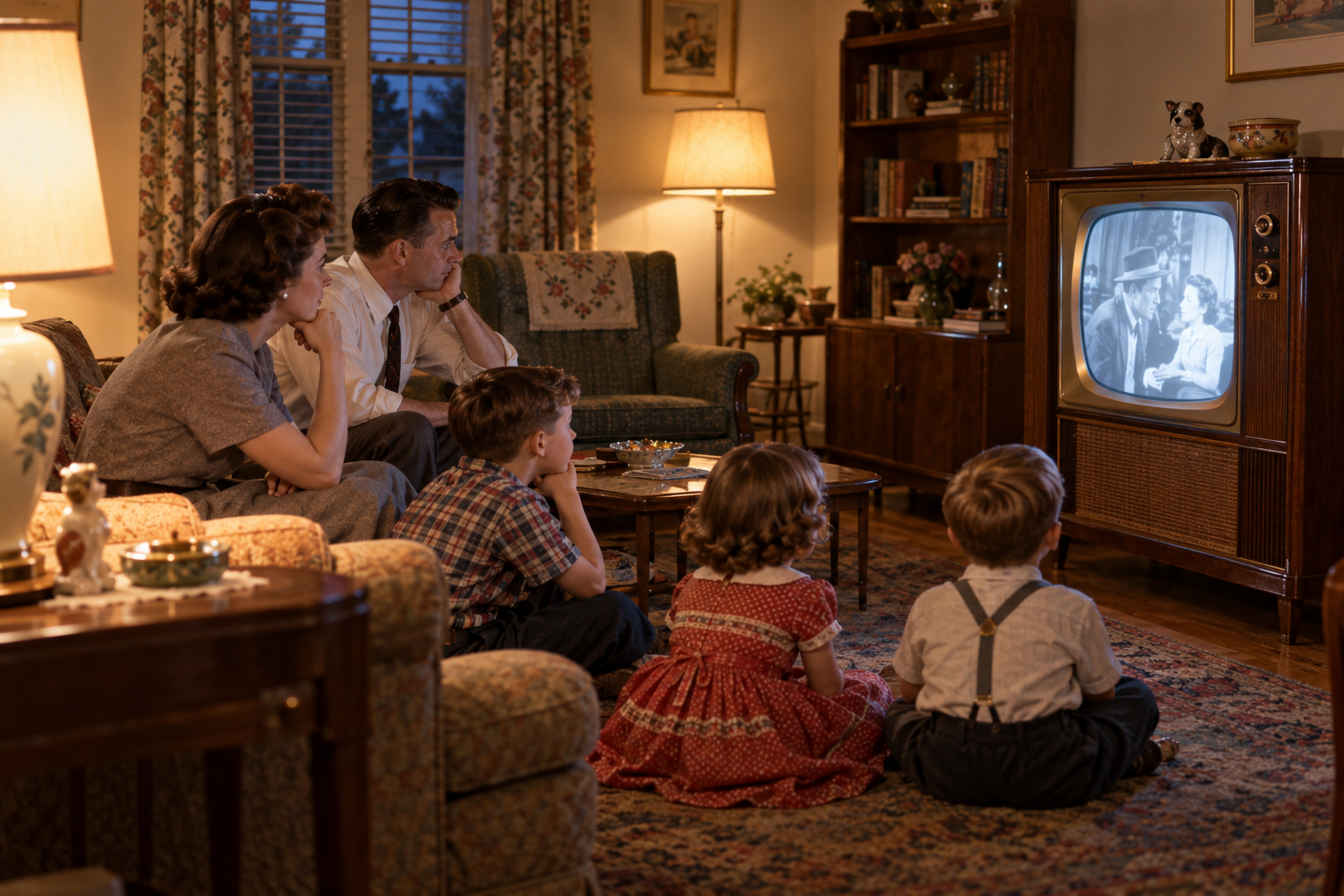 A family sits in their living room watching a black-and-white movie on a vintage television set.