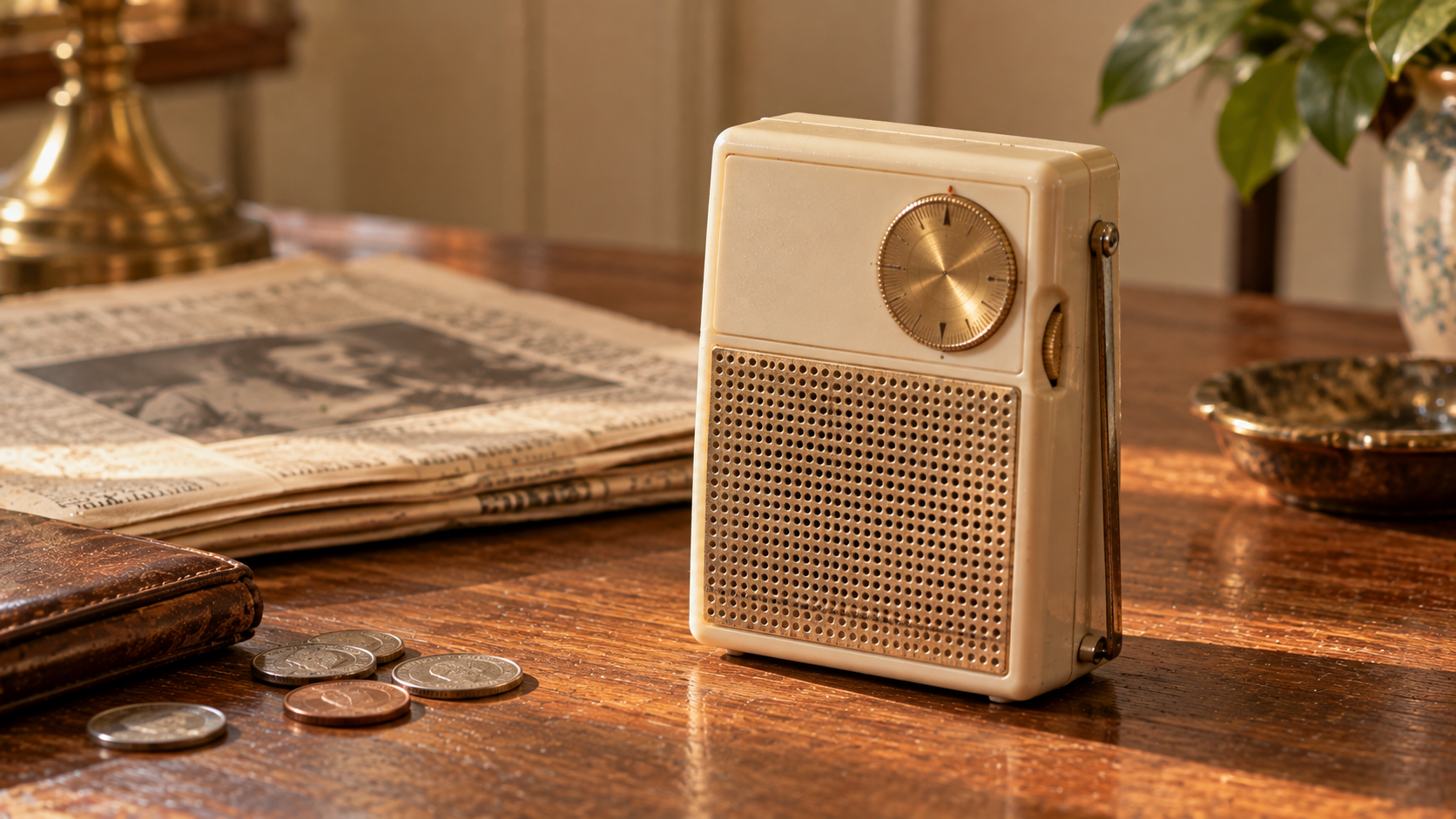 A vintage portable radio with a circular dial and metal speaker grille sits on a wooden desk next to a newspaper and some coins.