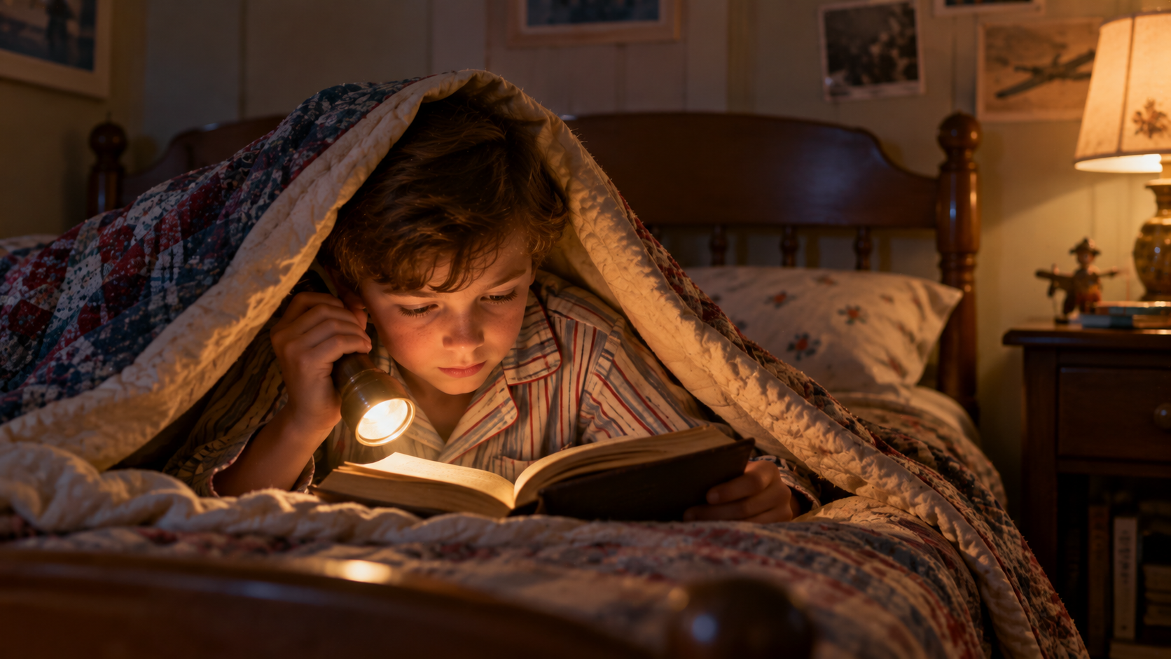 A young boy in pajamas reading a book under a blanket by the light of a flashlight.