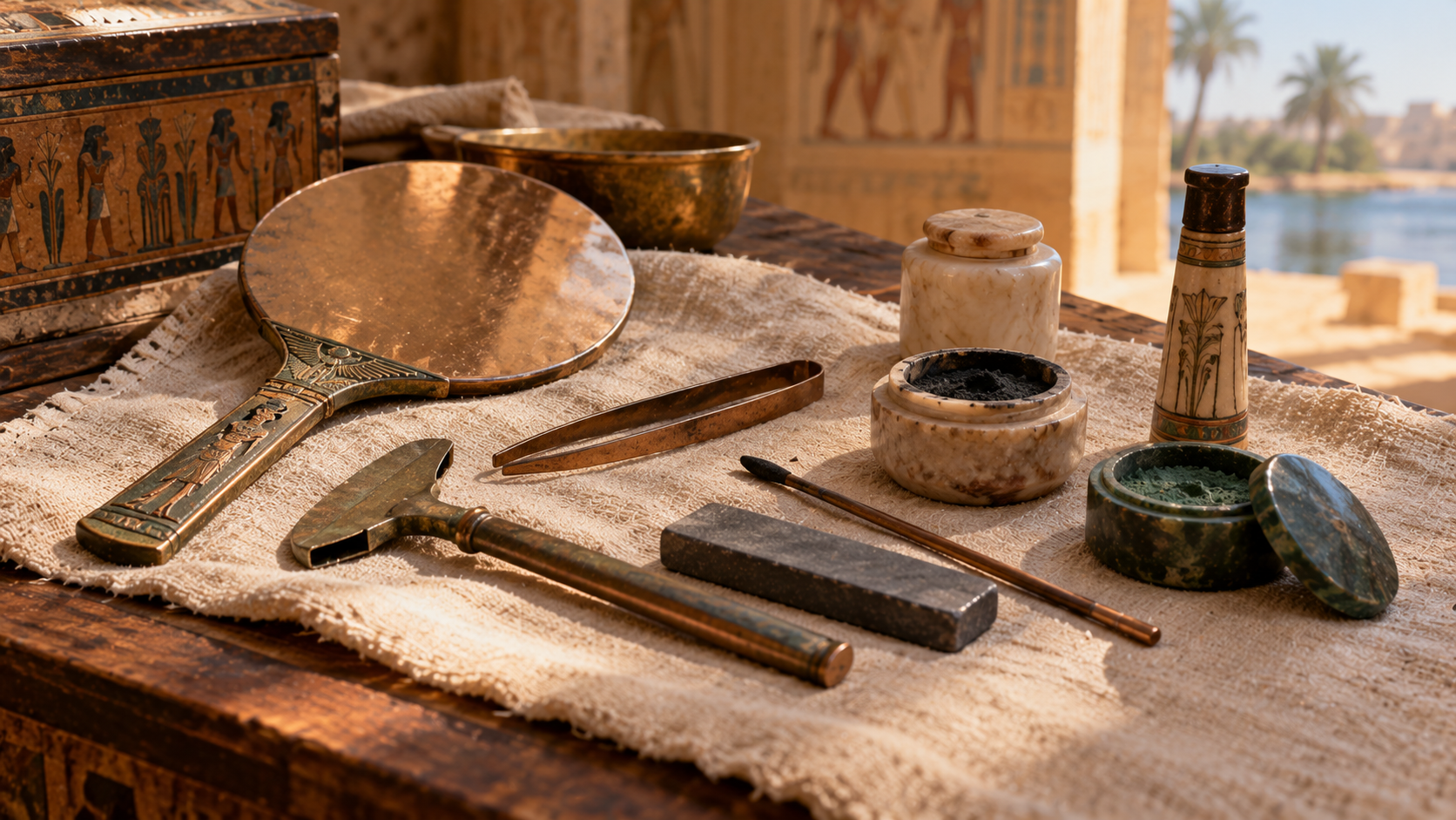 Ancient Egyptian cosmetic tools including a bronze mirror, tweezers, stone jars, a small applicator stick, and a razor arranged on a linen cloth.