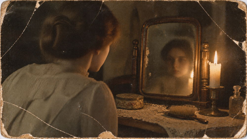 A woman in a period-style dress sits at a vanity, looking at her reflection in a mirror lit by a single candle.
