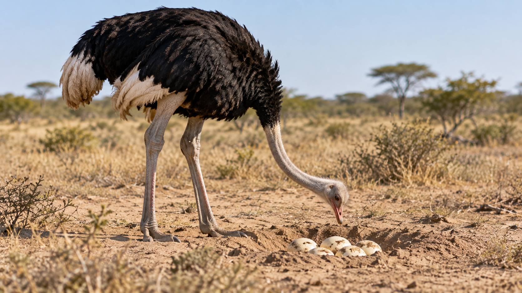 An ostrich standing over a small group of eggs in a shallow ground nest in a dry, grassy landscape.