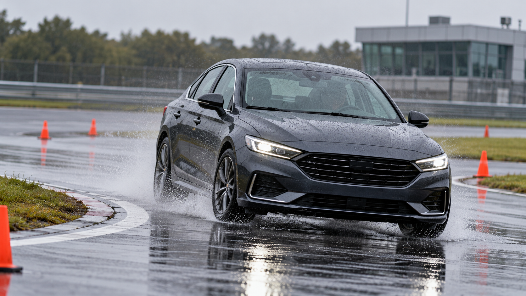 A dark gray sedan driving through a large puddle on a wet racetrack.