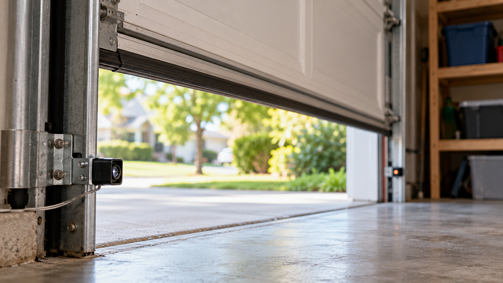 A smart garage door sensor mounted to a metal track near the bottom of an open garage door, looking out toward a suburban street.