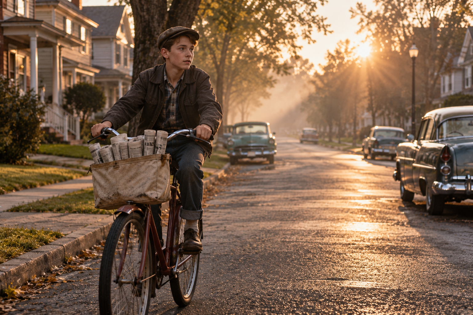A boy in a newsboy cap rides a bicycle with a basket full of newspapers down a sunny, tree-lined residential street.