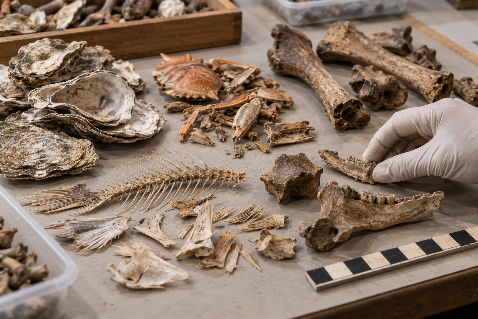 A gloved hand holds a piece of animal bone among an assortment of archaeological remains, including oyster shells, a crab shell, and a fish skeleton laid out on a table with a scale bar.