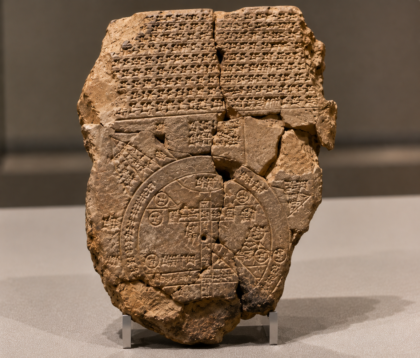 Ancient Babylonian clay tablet featuring a circular map of the world inscribed with cuneiform text.