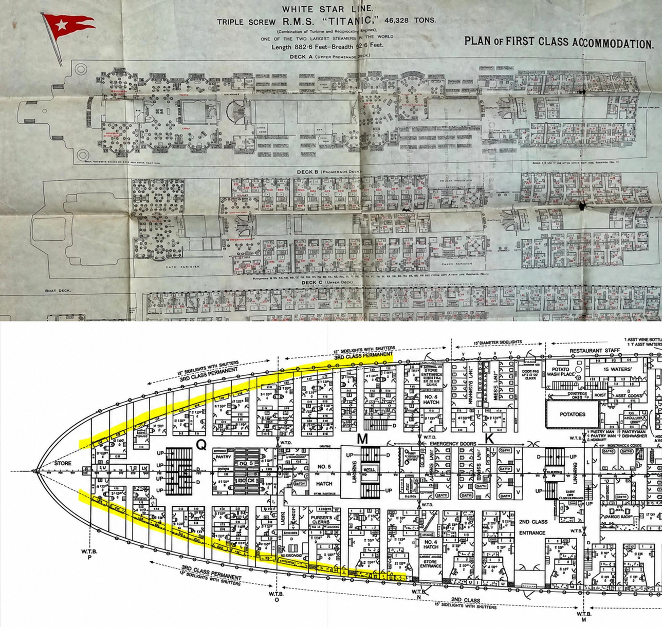 A composite image showing the White Star Line RMS Titanic deck plans, featuring an overview of the upper decks and a detailed architectural layout of the ship’s bow section.
