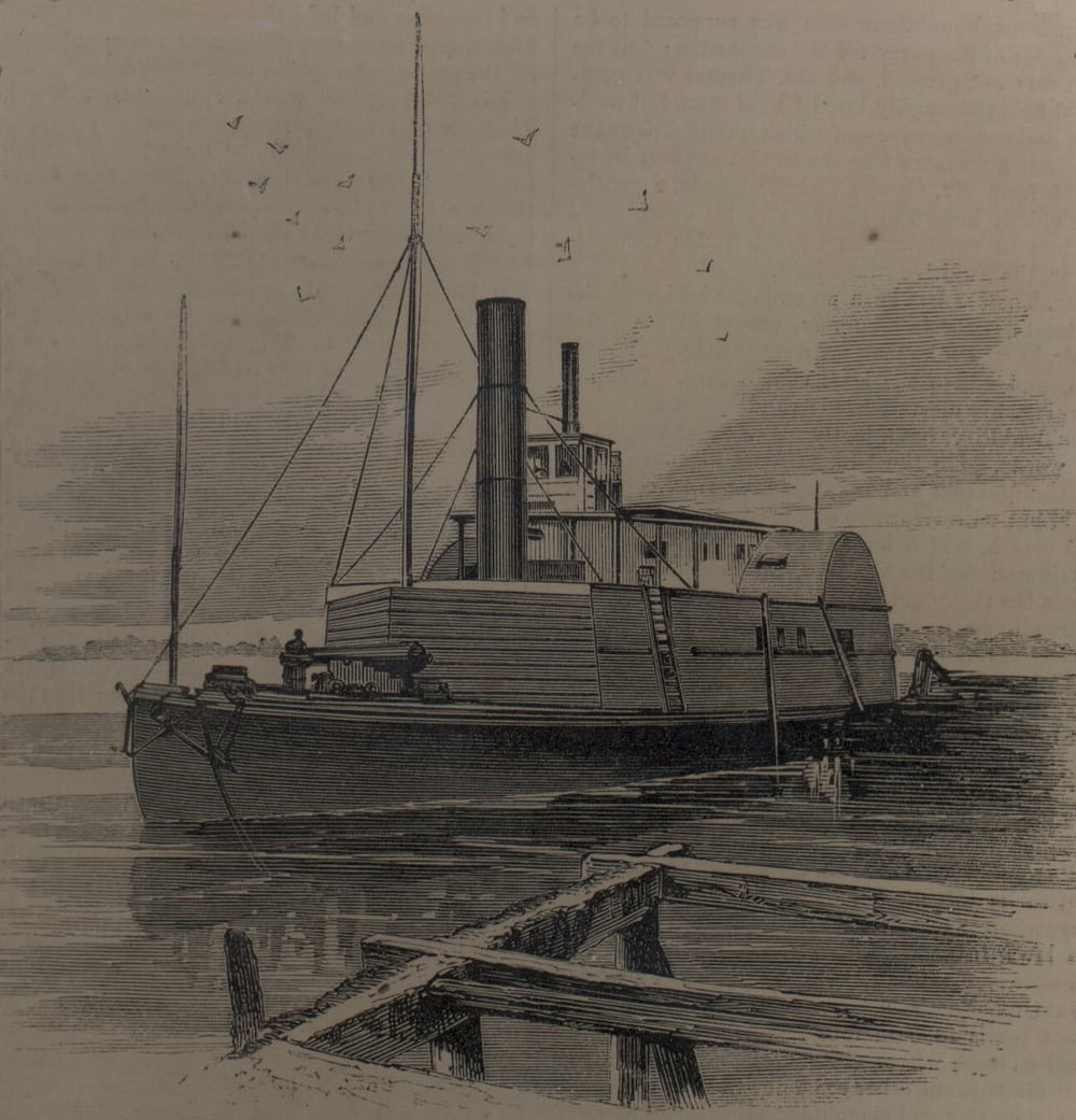 An engraving of a Civil War-era ironclad river gunboat moored at a wooden pier.