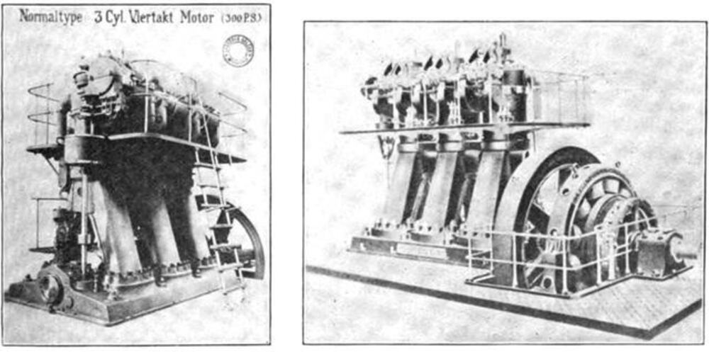 Two black-and-white images of industrial engines, with the left image labeled “Normaltype 3 Cyl. Viertakt Motor (300 PS)”.