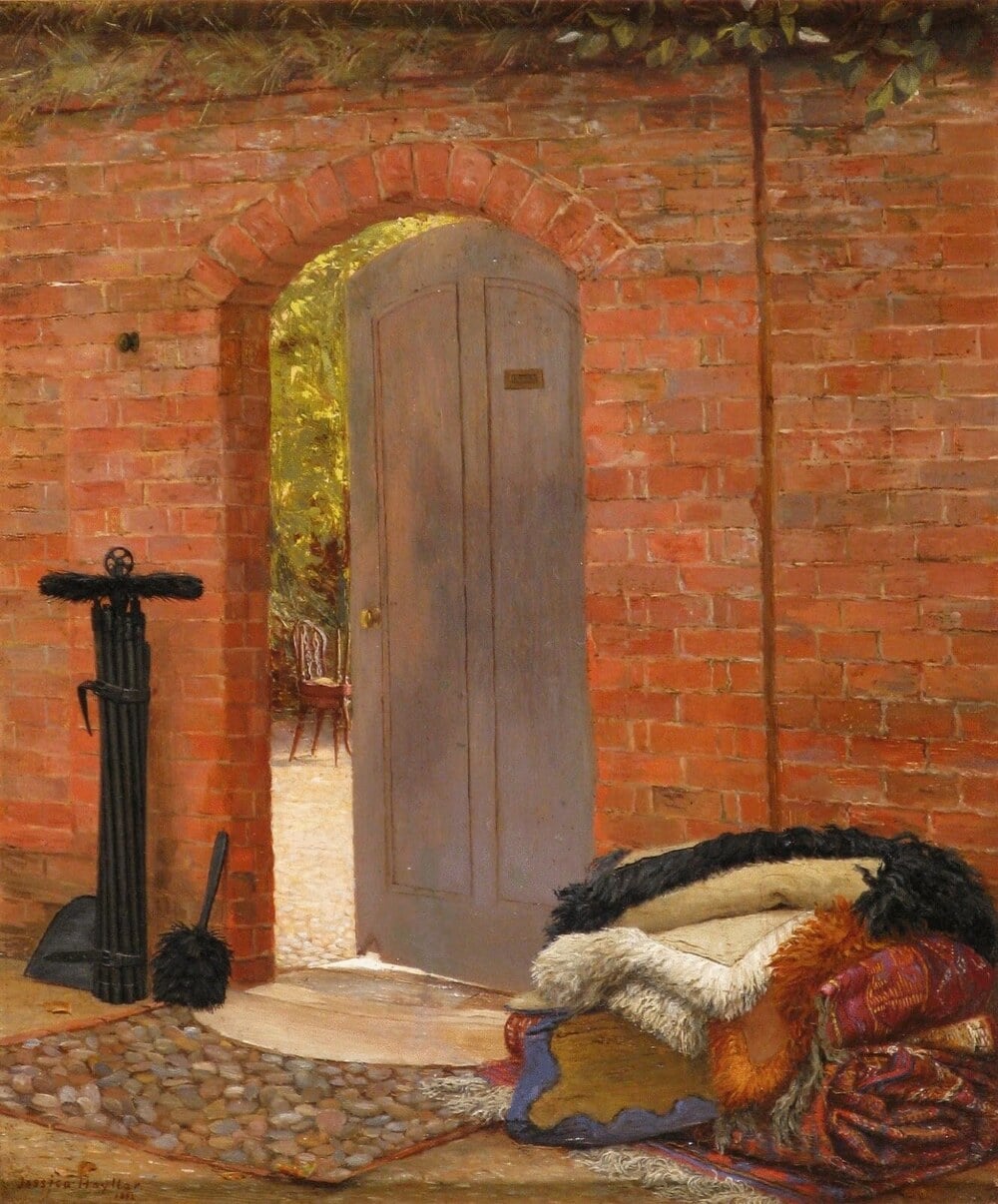 An open arched wooden door in a brick wall, with chimney sweeping brushes on the left and a pile of furs and rugs on the right, looking out onto a sunlit garden.