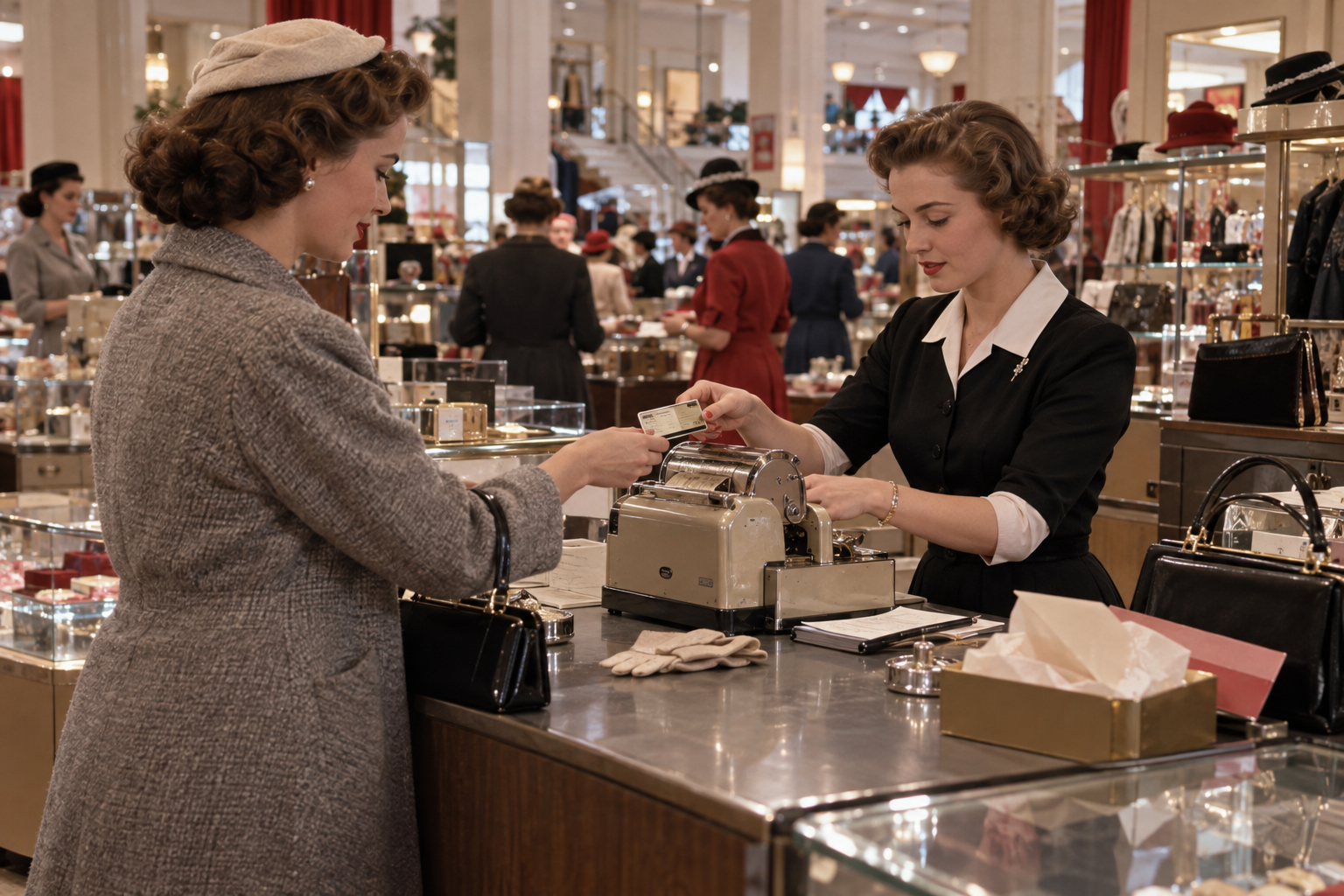 A department store clerk in a black uniform processes a credit card for a customer wearing a grey coat and a pillbox hat.