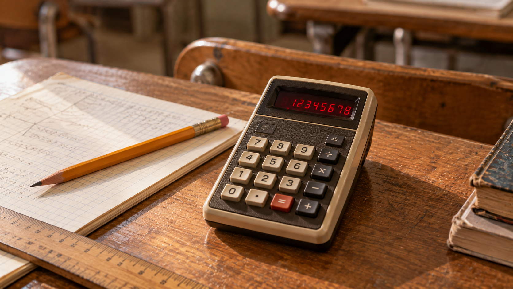 A vintage calculator displaying the numbers 12345678, with a pencil and graph paper on a wooden desk.