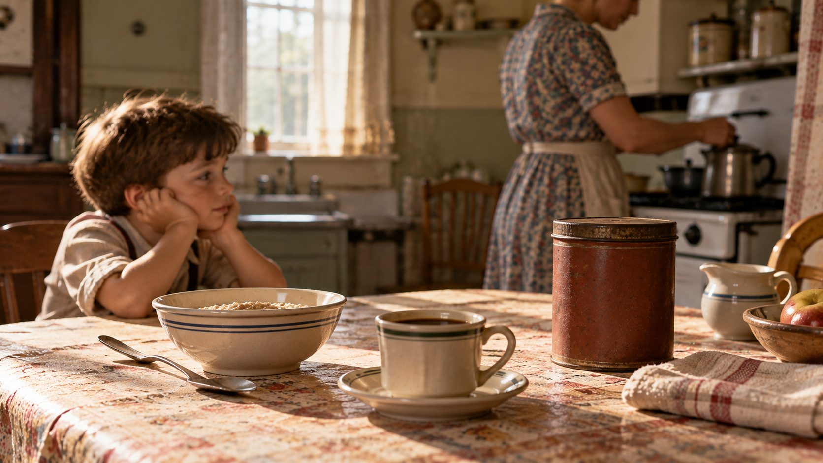 A young boy sits at a kitchen table with his chin in his hands next to a bowl of porridge, while a woman cooks at a stove in the background.
