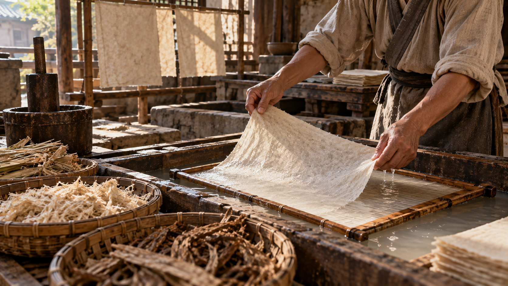 A person’s hands lifting a wet sheet of paper pulp from a bamboo frame in a traditional paper-making workshop.