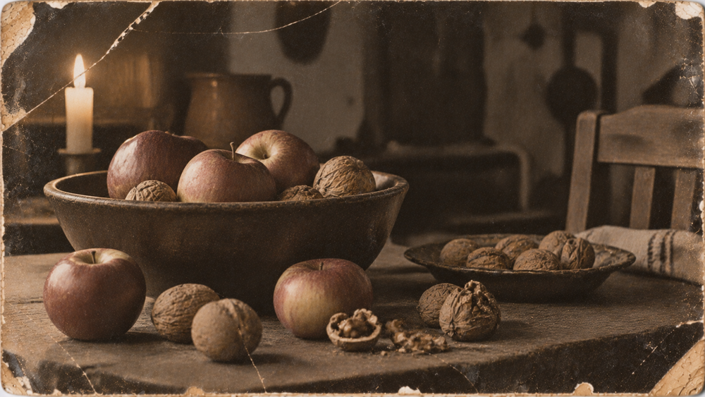A vintage-style photograph of a bowl of apples and walnuts on a wooden table, with a lit candle in the background.