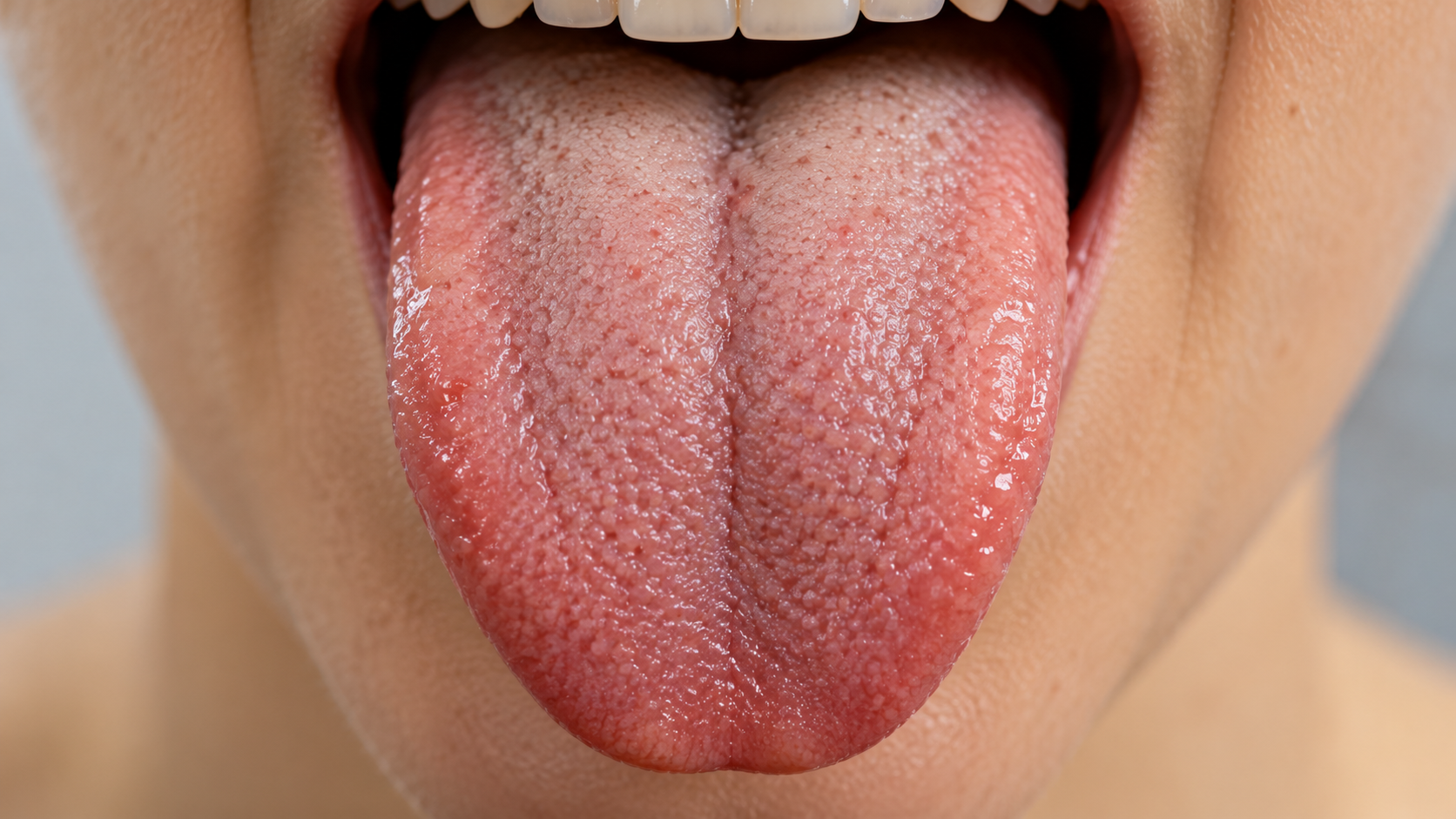 Close-up of a human tongue extended from an open mouth.