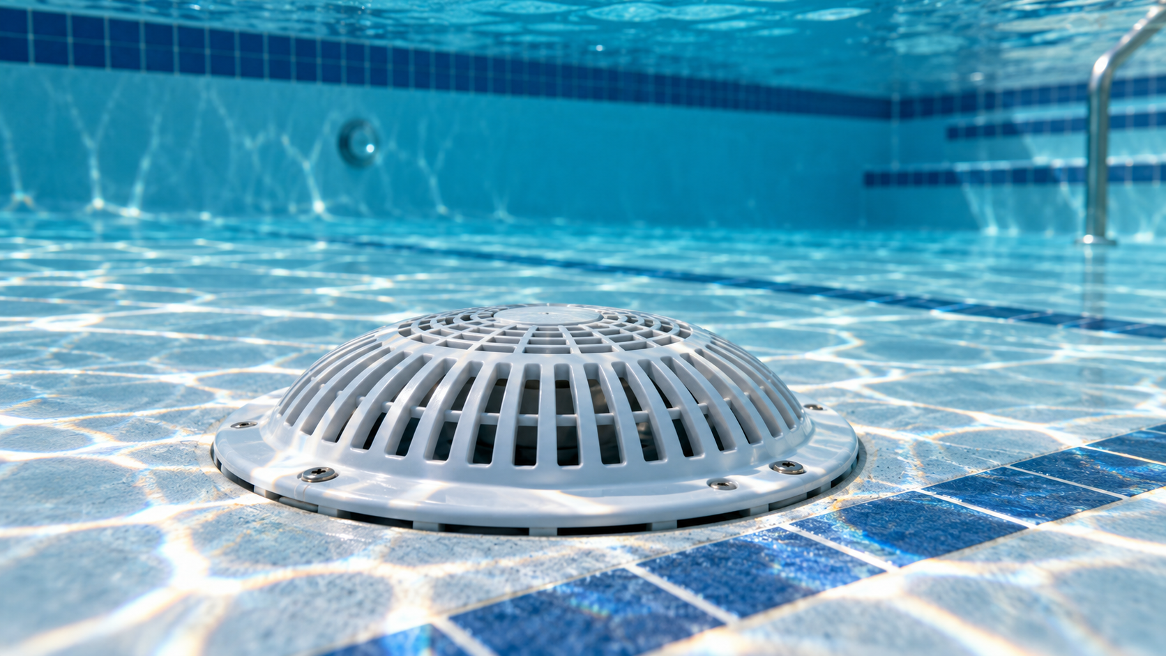 A white circular drain cover at the bottom of a blue-tiled swimming pool.