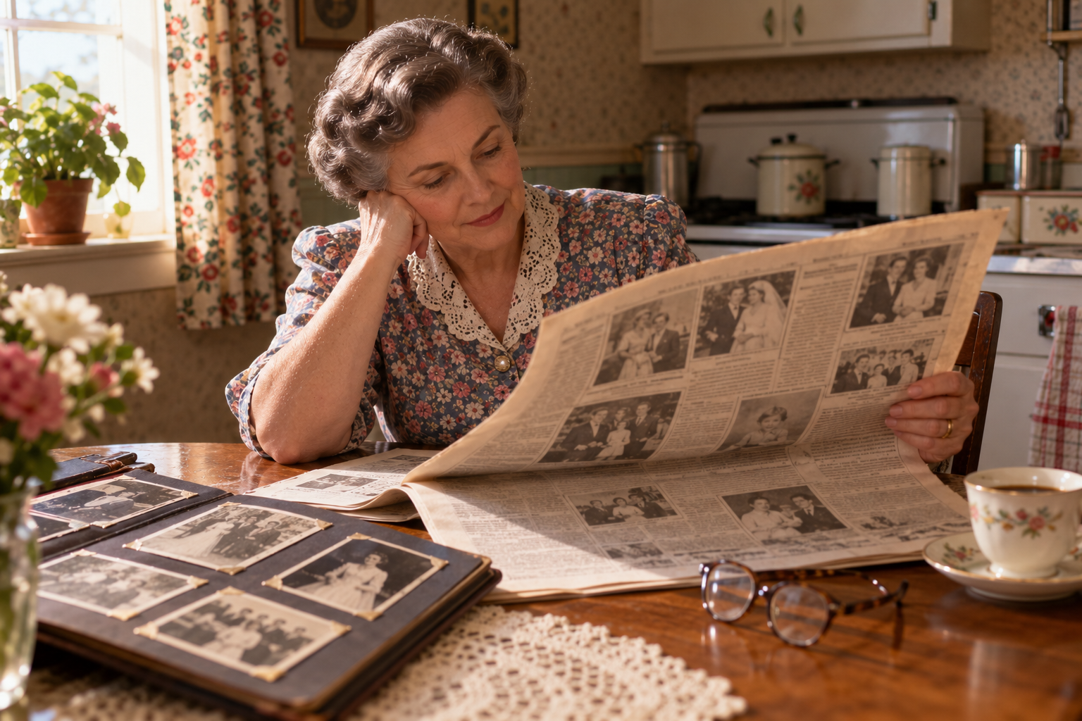 An older woman sits at a kitchen table reading a newspaper, with a photo album and a cup of coffee nearby.