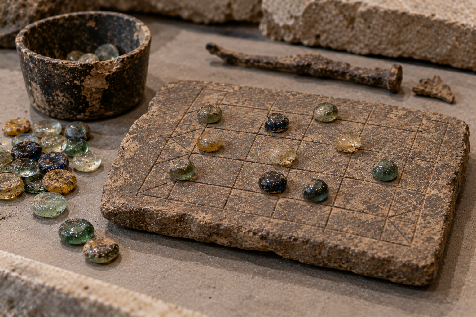 An ancient stone game board with a grid, featuring glass gaming pieces on the surface and in a nearby stone bowl.