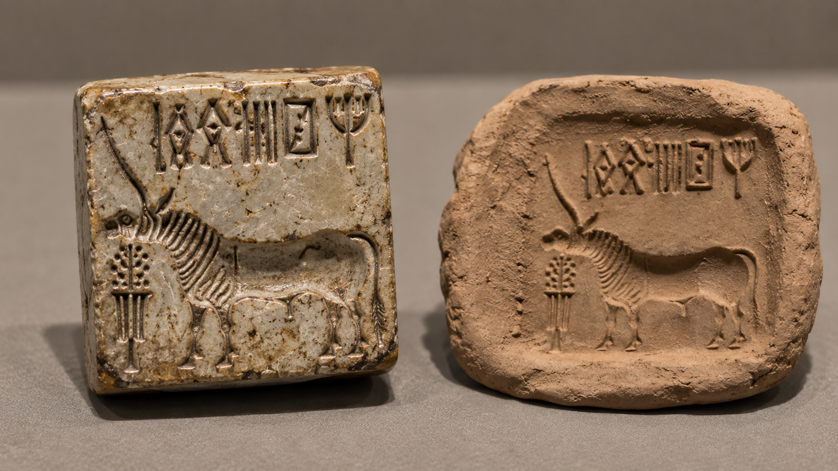 A square Indus Valley seal featuring a carved unicorn and script, displayed next to its clay impression.
