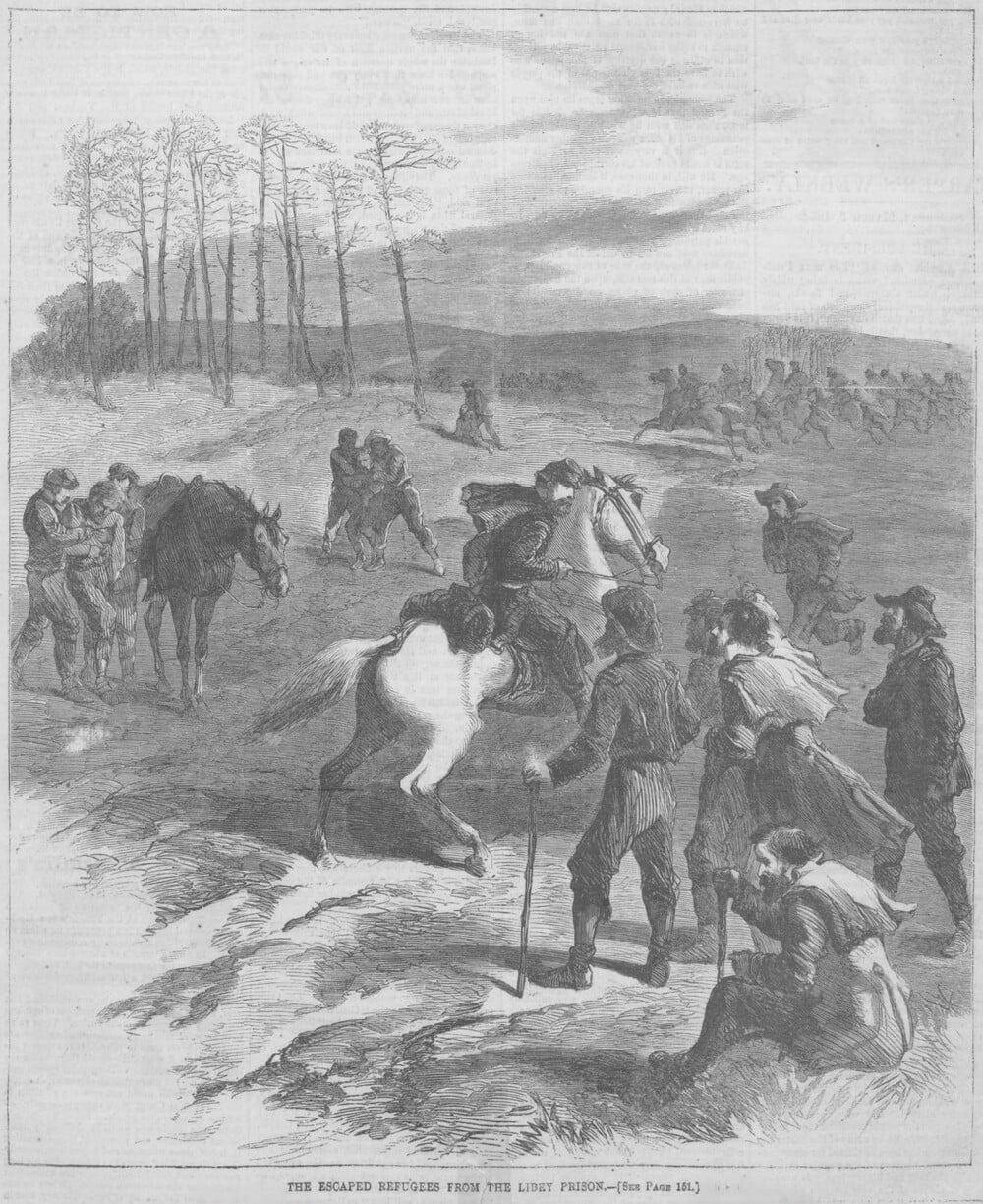 Antique engraving titled “The Escaped Refugees from the Libby Prison,” showing a group of men in a field, with some riding horses and others walking, while soldiers on horseback pursue them in the distance.