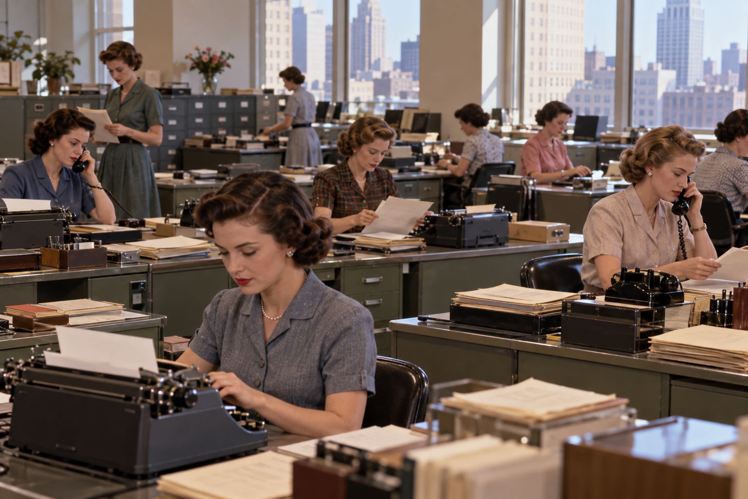 Several women in a mid-century office working at typewriters and answering telephones at their desks.