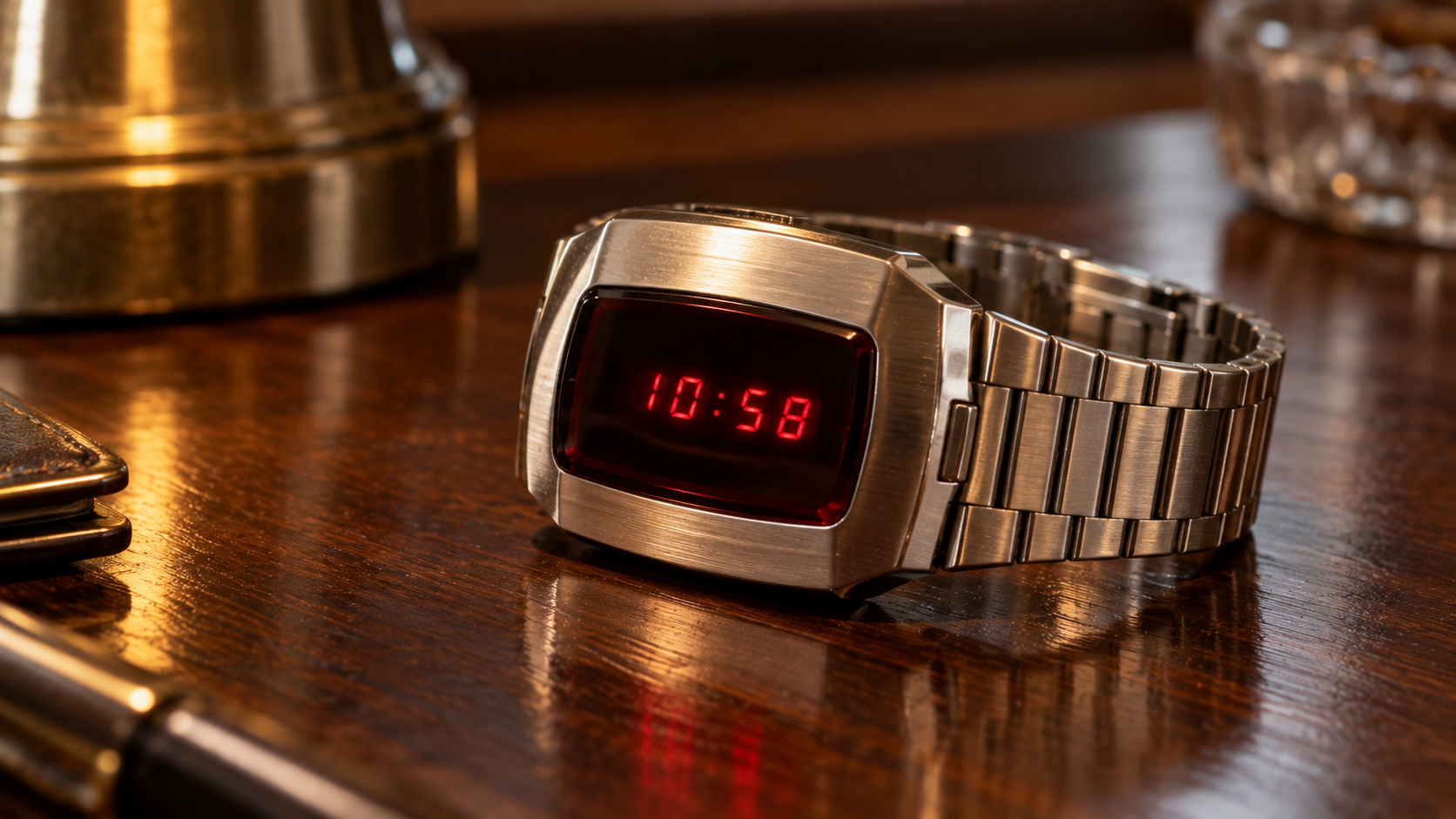A digital watch with a silver-toned metal band and a red LED display showing 10:58, resting on a wooden surface.