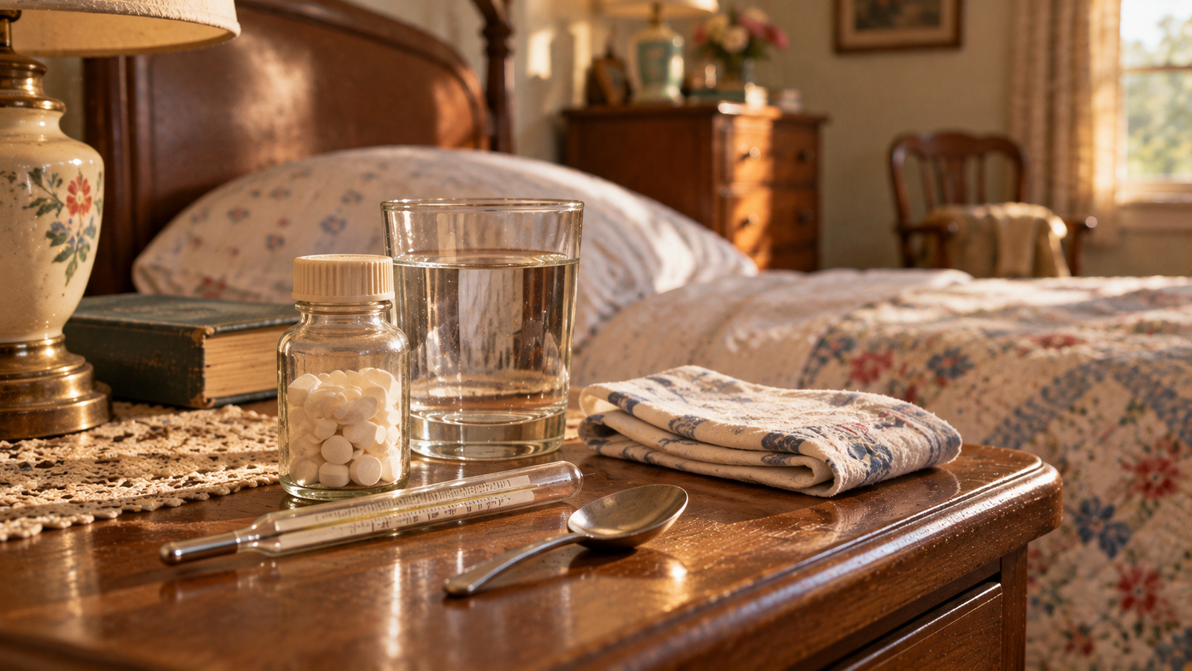 A bottle of white pills, a glass of water, a thermometer, and a spoon sit on a wooden bedside table.