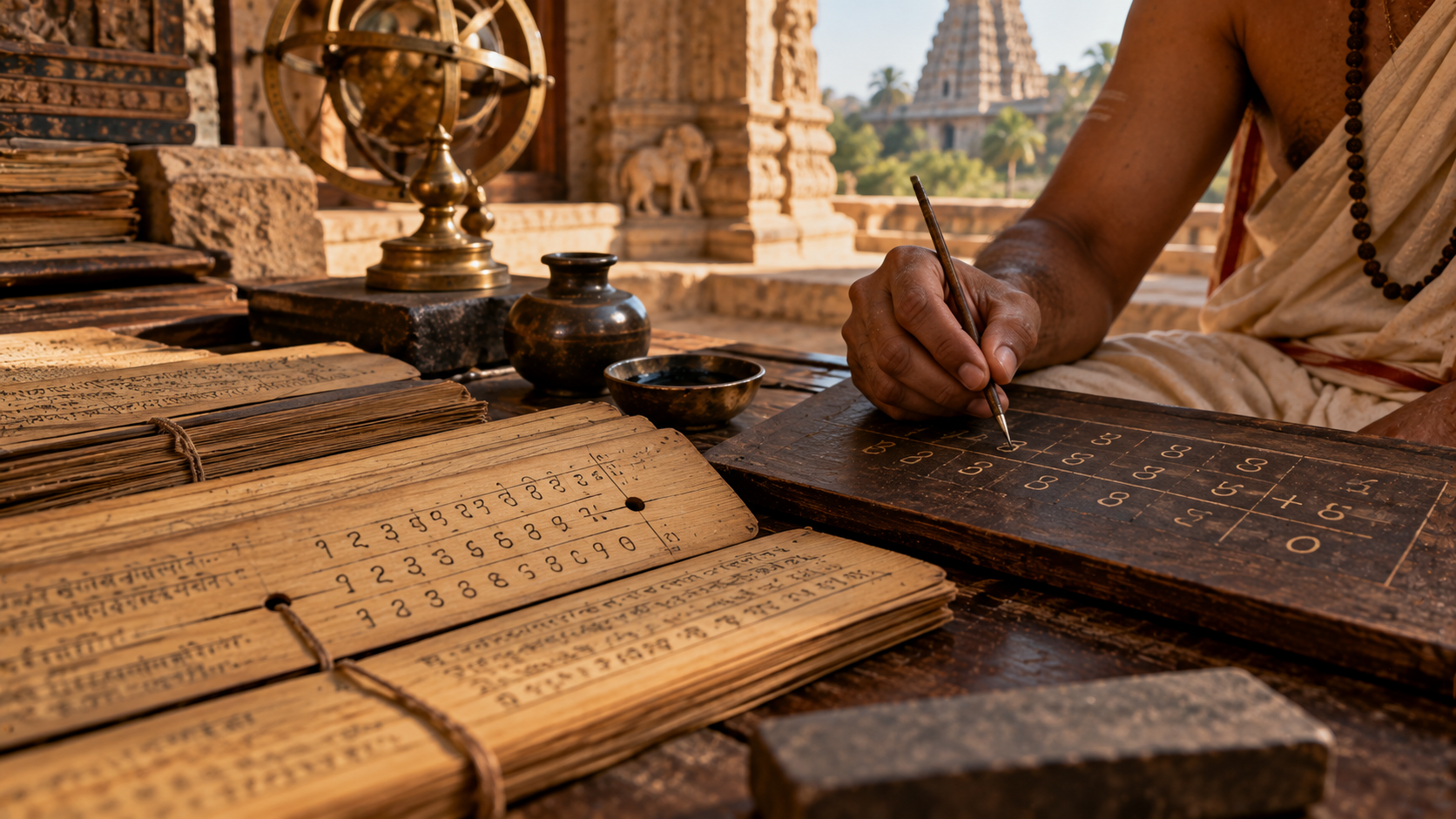 A person writes with a stylus on a wooden board next to stacks of ancient palm-leaf manuscripts inscribed with numbers and Sanskrit text.