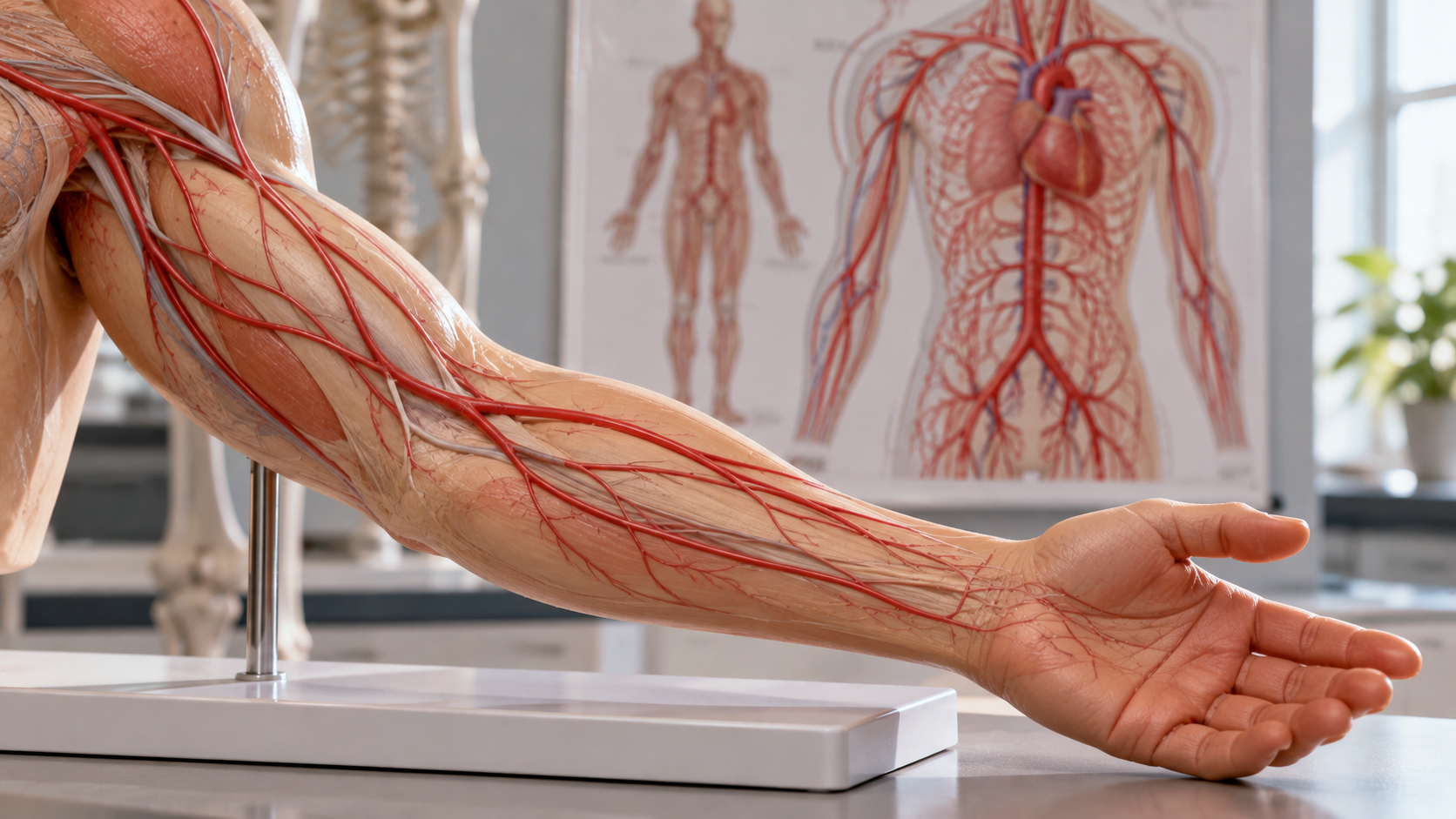 An anatomical model of a human arm showing superficial muscles and the arterial system, with a corresponding medical chart in the background.