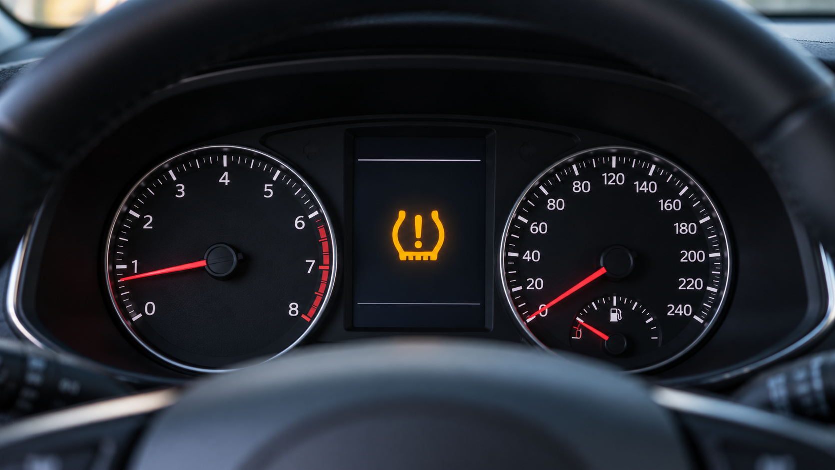 Car dashboard showing a glowing orange tire pressure warning light between the tachometer and speedometer.