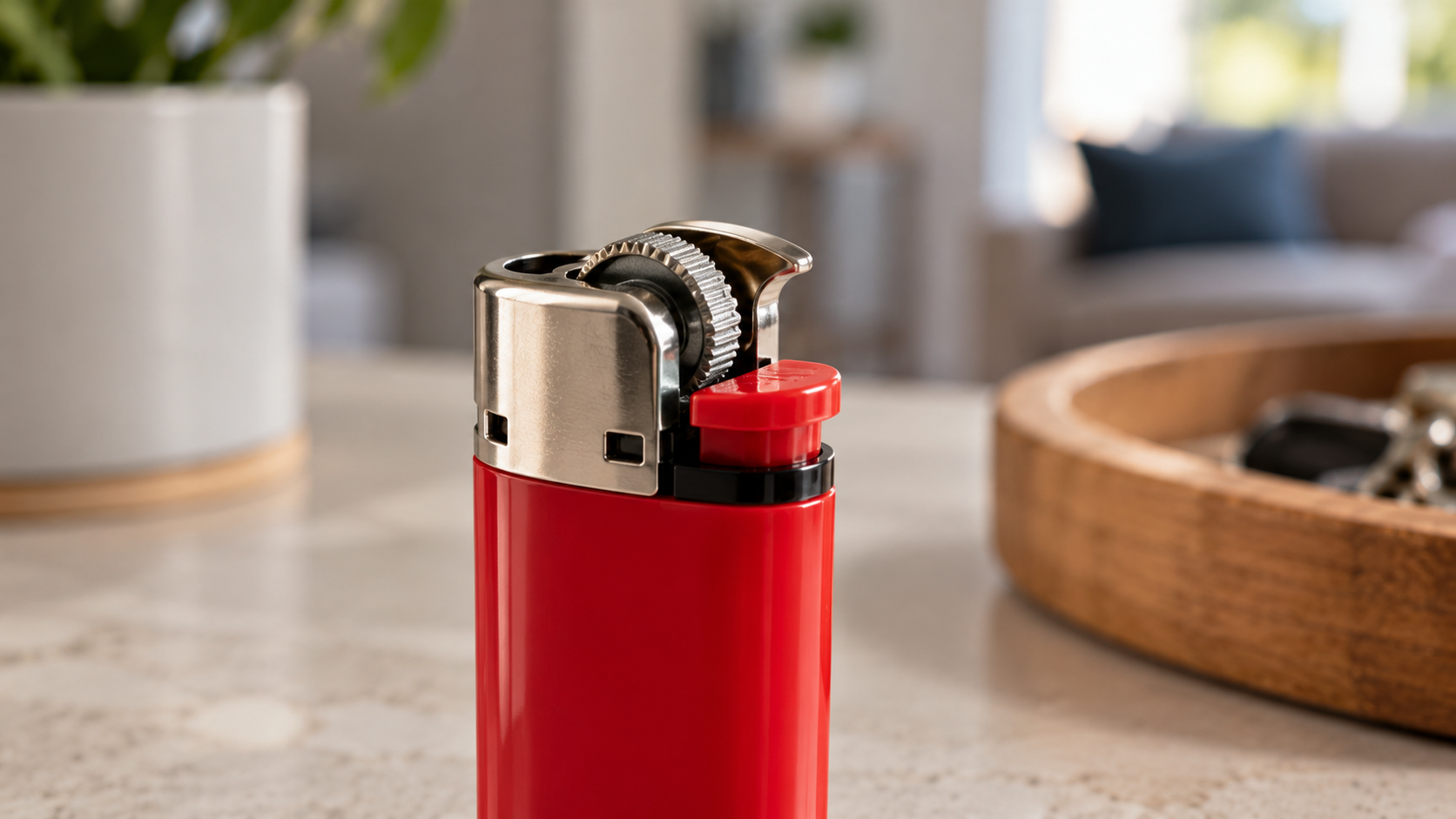 A red butane lighter with a silver metal top sits on a countertop.