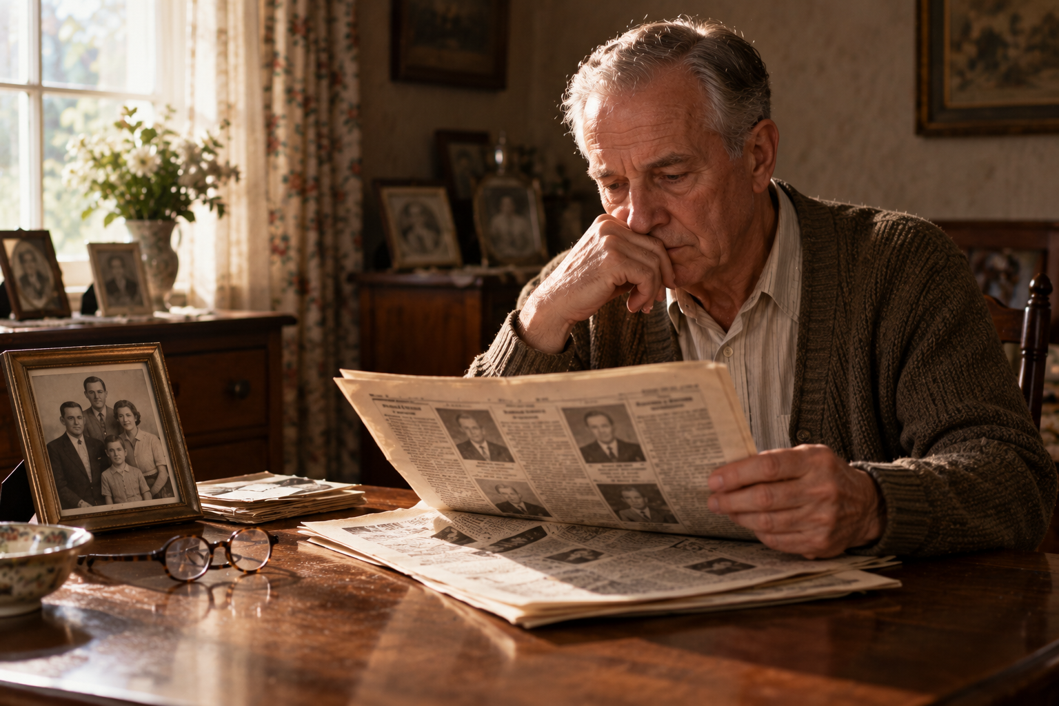 An elderly man sitting at a wooden table, resting his chin on his hand while reading a newspaper with framed family photos nearby.