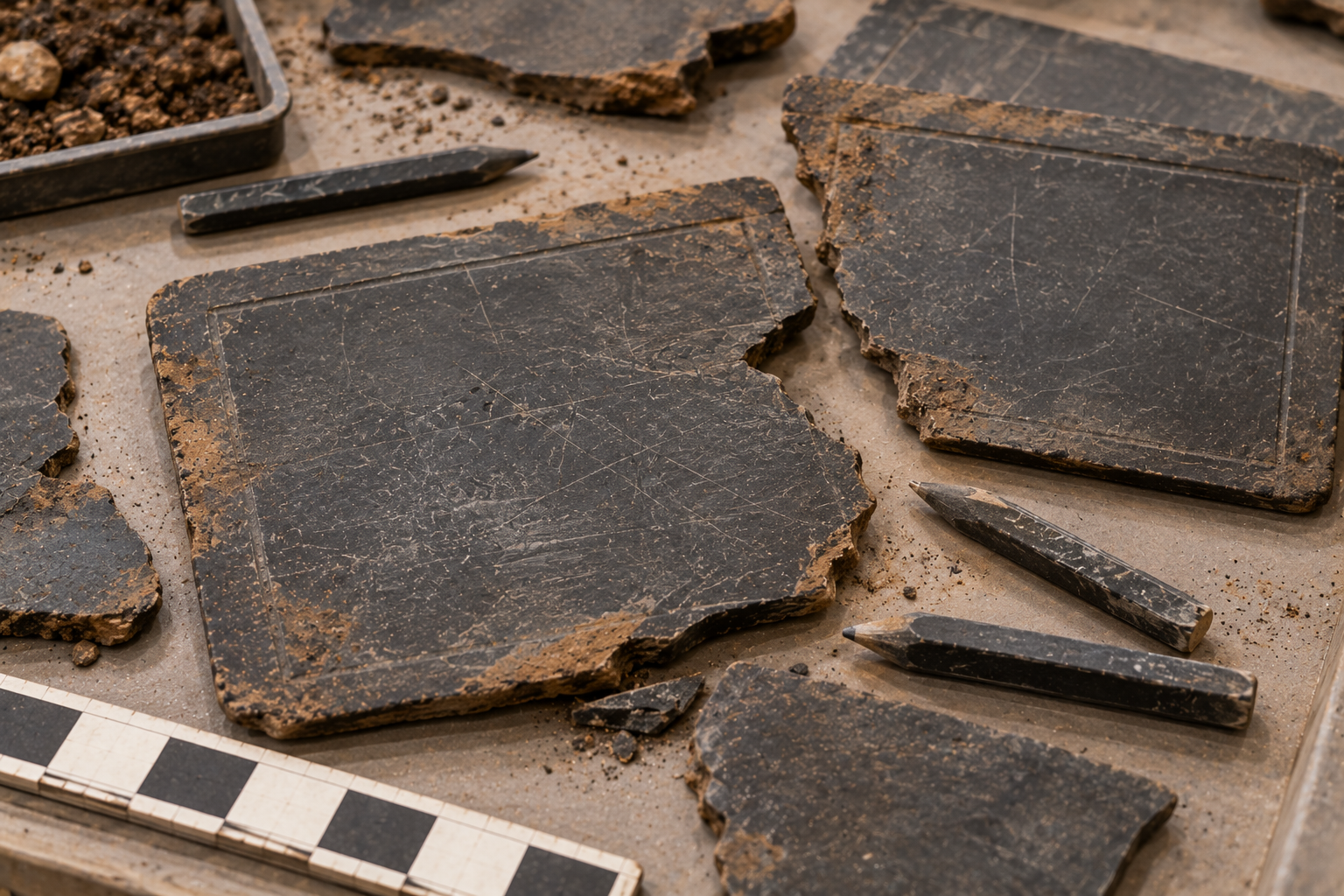 Fragmented slate writing tablets and slate pencils resting on a surface with a measuring scale.