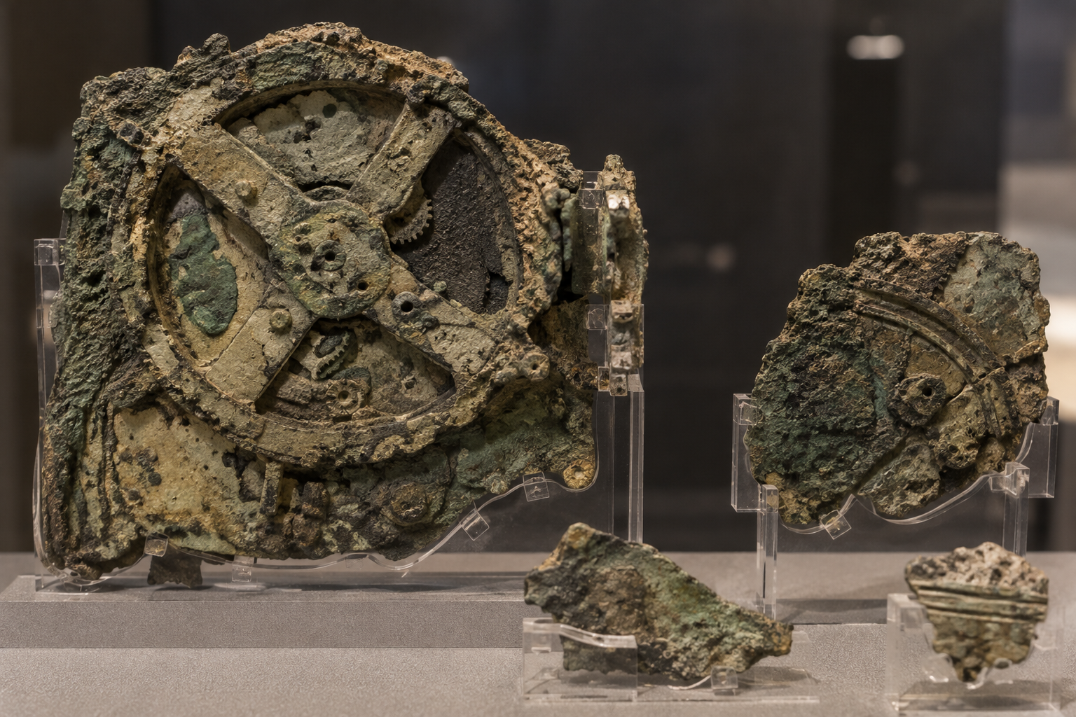 Fragments of the ancient Antikythera mechanism on display, showing a large corroded bronze gear and smaller related metal components.
