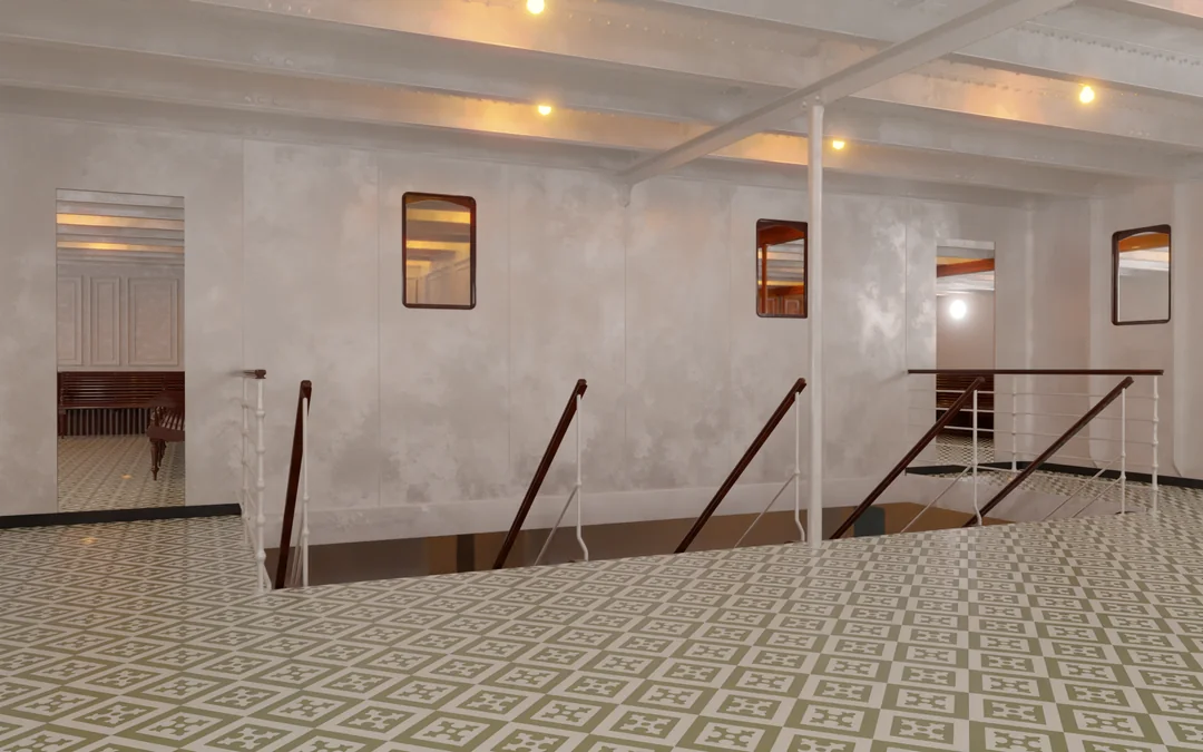 An interior view of a ship’s deck with a patterned floor, white walls featuring framed mirrors, and staircases with wooden handrails.