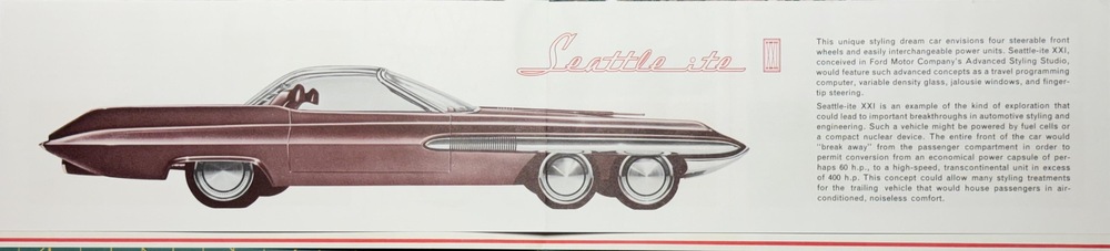 Profile view of the Seattle-ite XXI concept car, featuring six wheels and a futuristic elongated body, with descriptive text to the right.