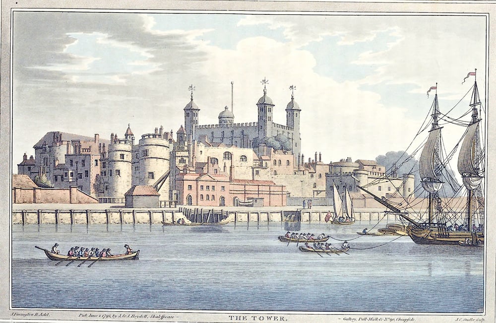 An 18th-century print of the Tower of London viewed from the River Thames, with several small rowboats and a sailing ship in the foreground.