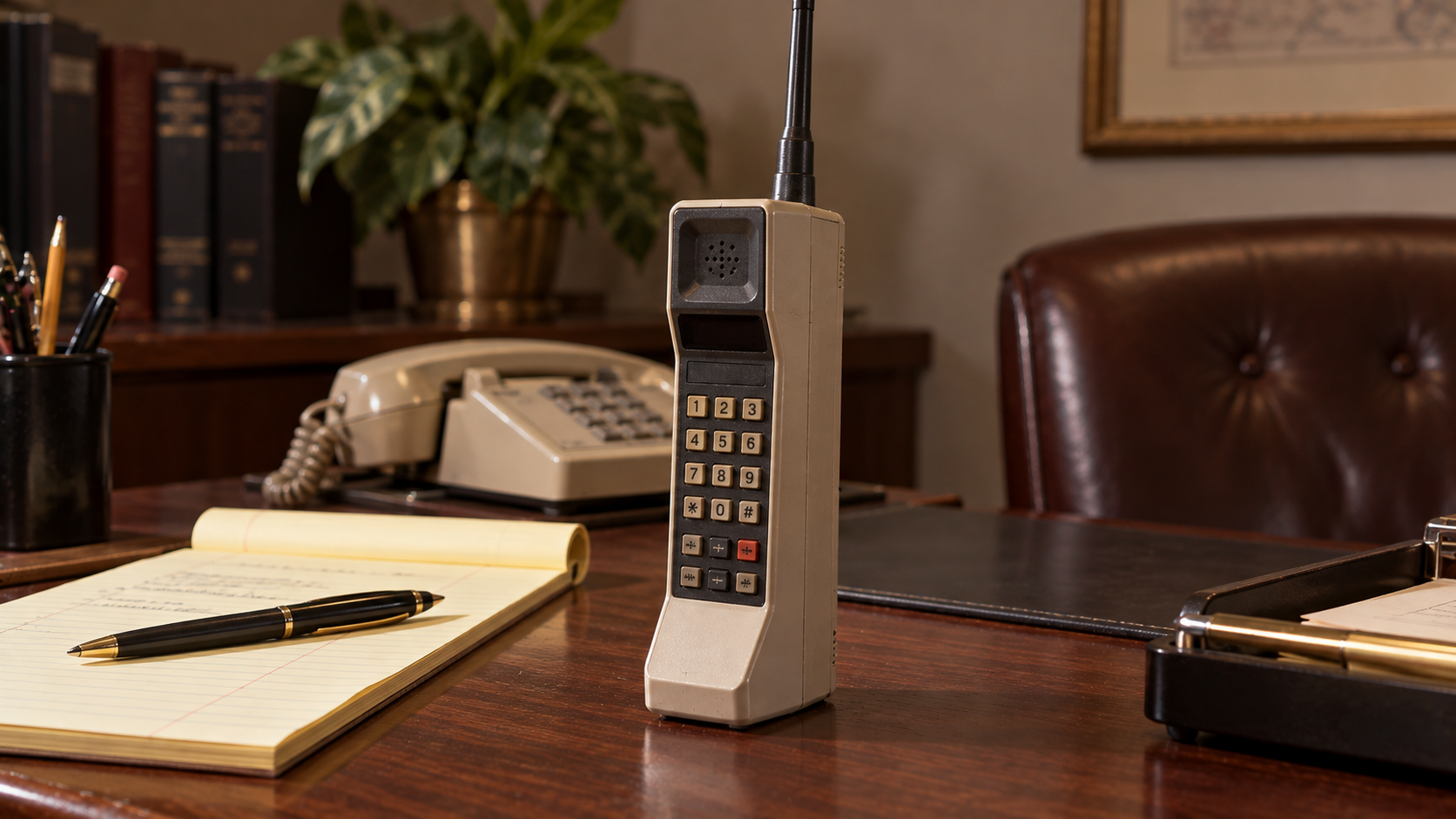 A vintage brick-style mobile phone standing upright on a wooden desk next to a legal pad and a rotary telephone.