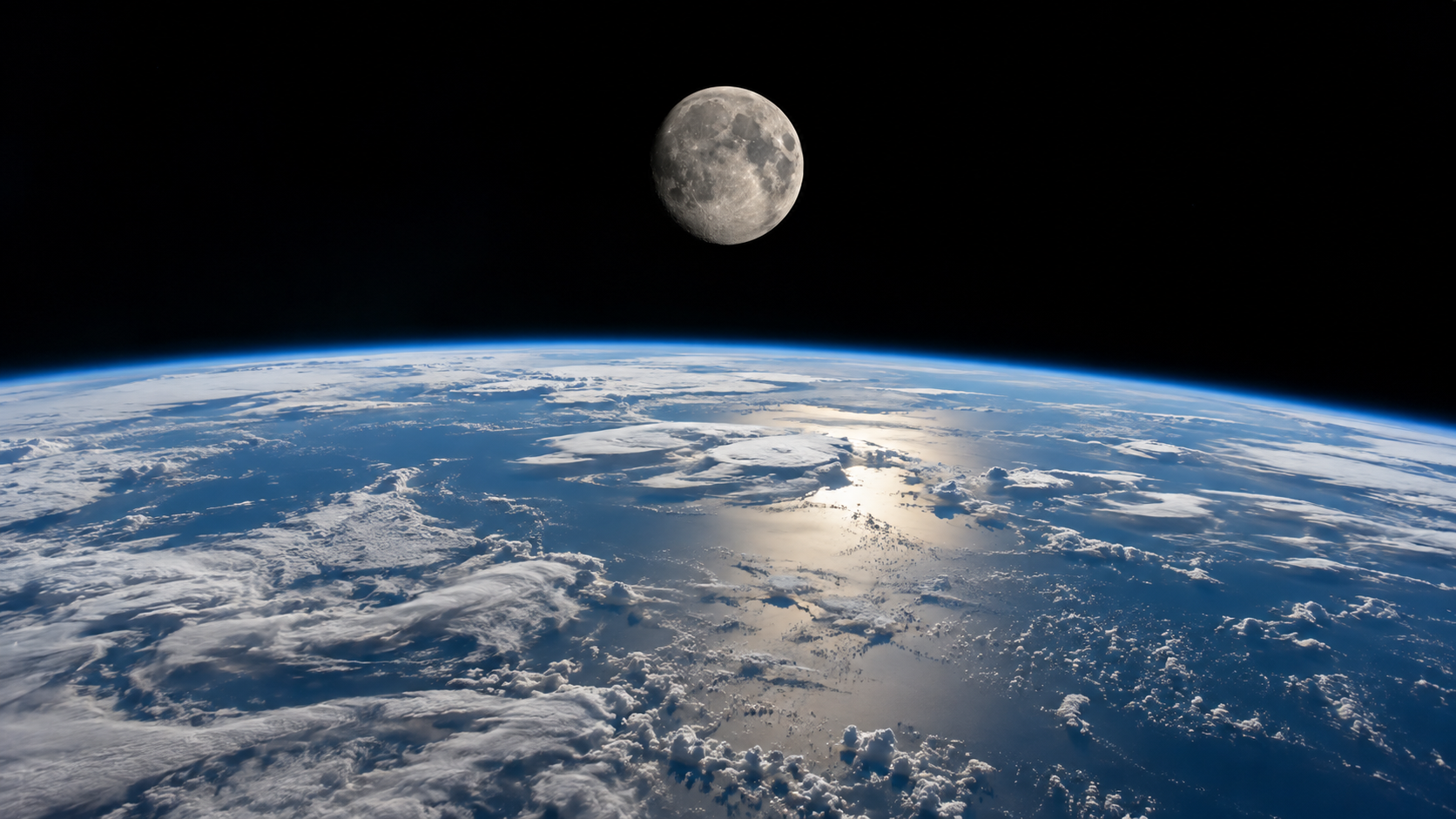 The moon visible above the curved horizon of Earth with clouds and sunlight reflecting off the ocean.