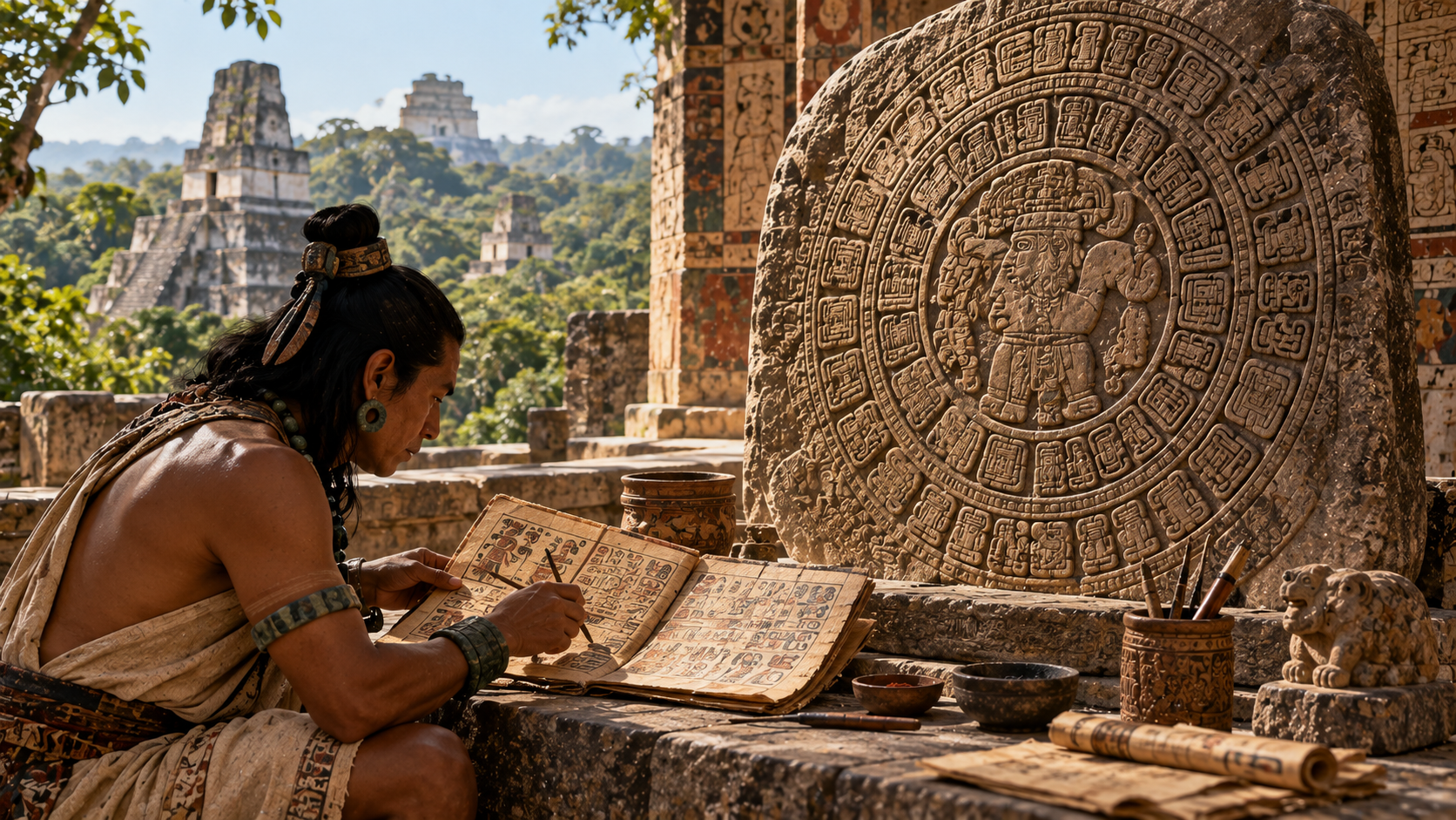 A man in traditional Maya attire writes in a codex beside a large, circular stone carving featuring intricate glyphs, with ancient temple ruins visible in the background.