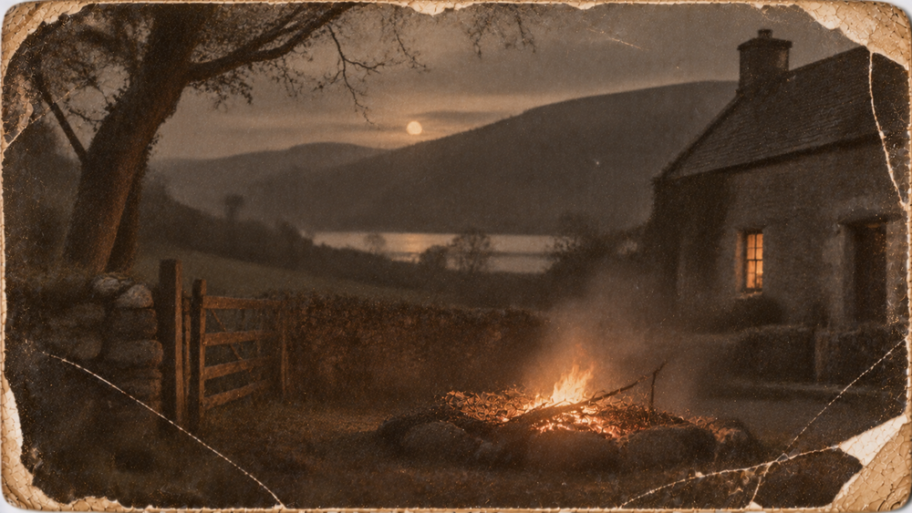A campfire burns in front of a stone cottage overlooking a lake and hills at twilight in a vintage-style photograph.