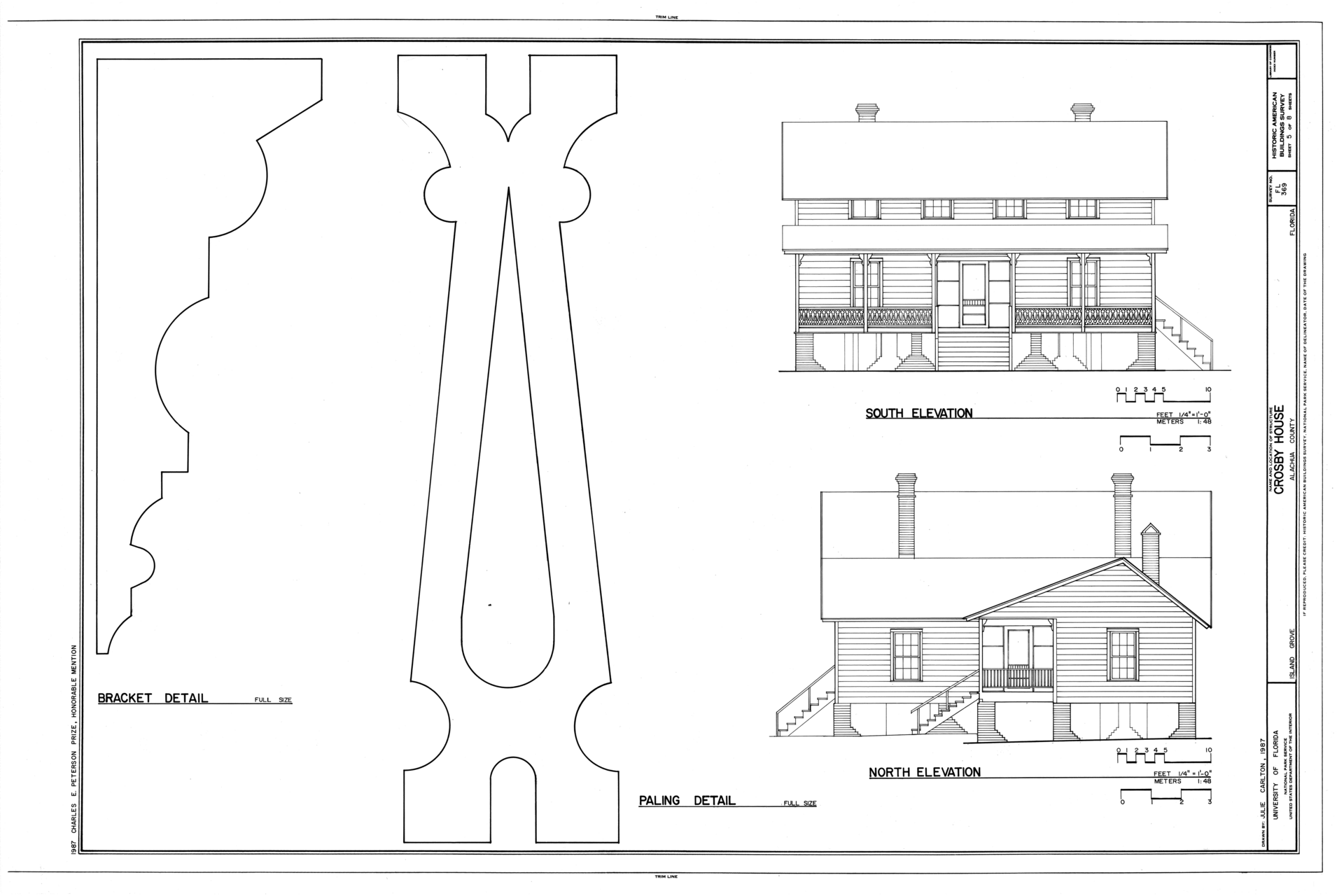 Architectural drawing of the Crosby House featuring the south and north elevations along with bracket and paling details.