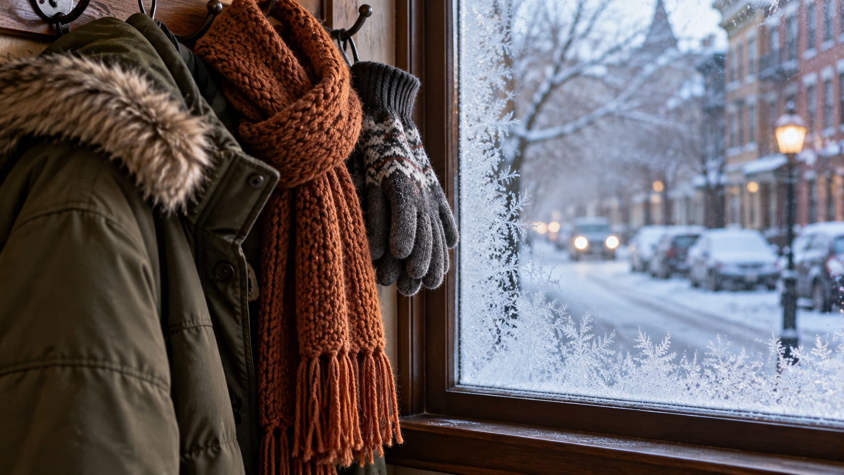 A winter coat, orange knit scarf, and grey patterned gloves hanging on hooks beside a frost-covered window overlooking a snowy street.