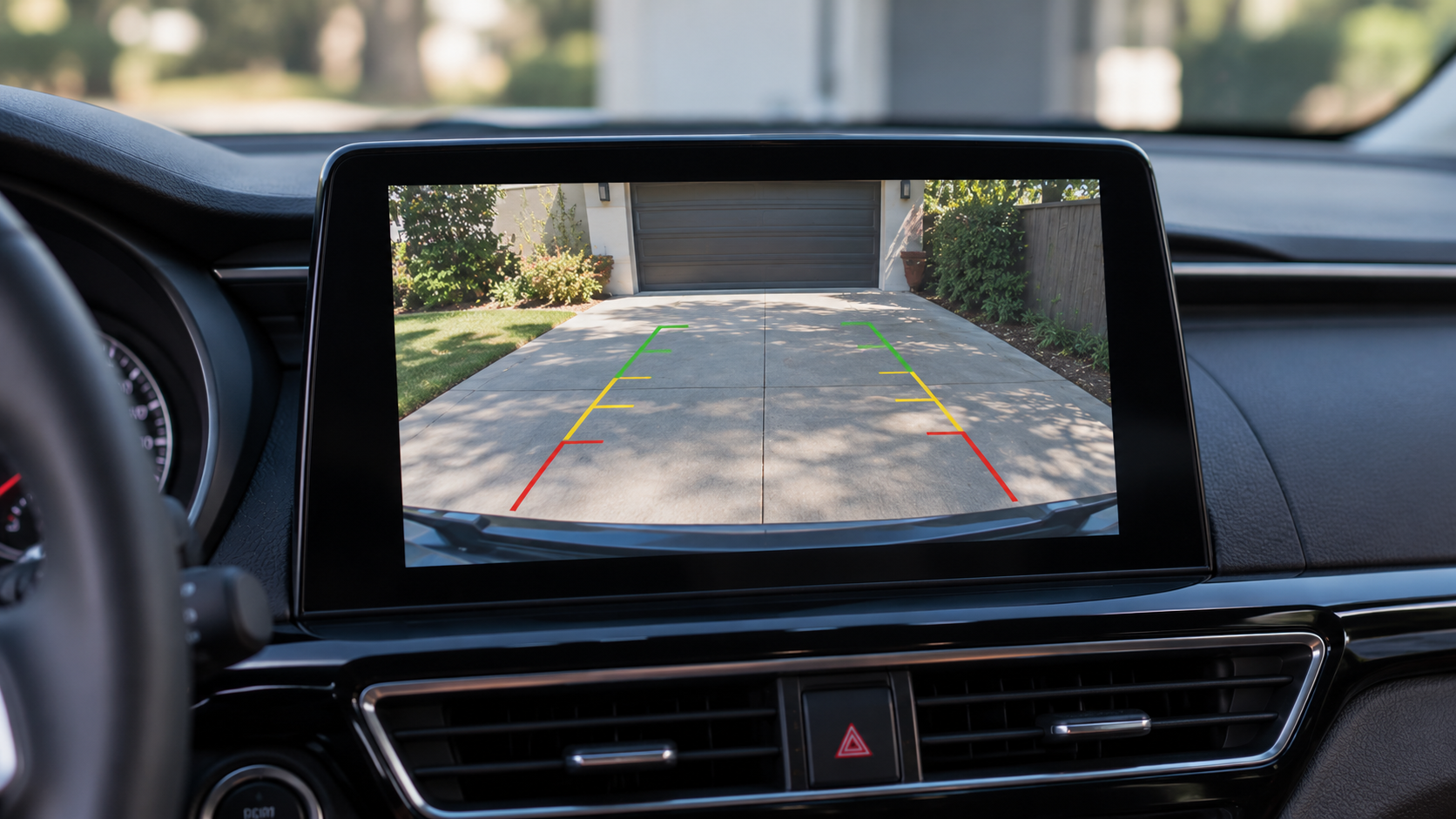 Car dashboard display showing a rearview camera view of a driveway with distance guide lines.