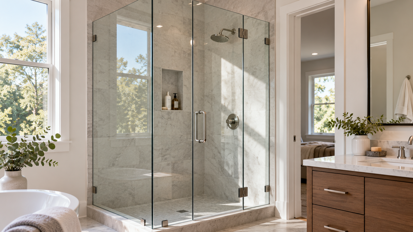 A glass-enclosed walk-in shower with marble tile walls and a built-in shampoo niche, located in a modern bathroom.