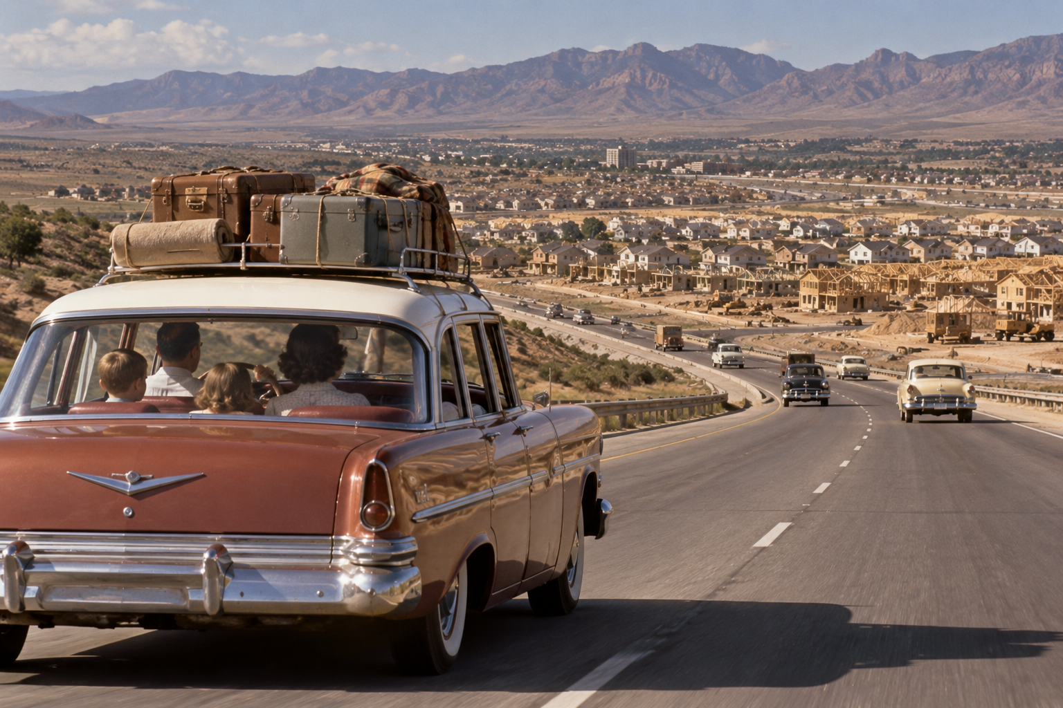 A vintage car carrying a family and luggage on its roof travels along a highway through a desert landscape toward a suburban development.