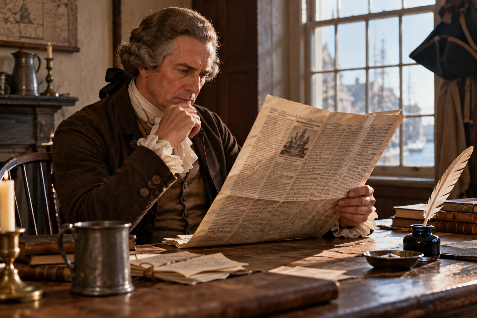A man in 18th-century attire sits at a wooden desk reading a newspaper.